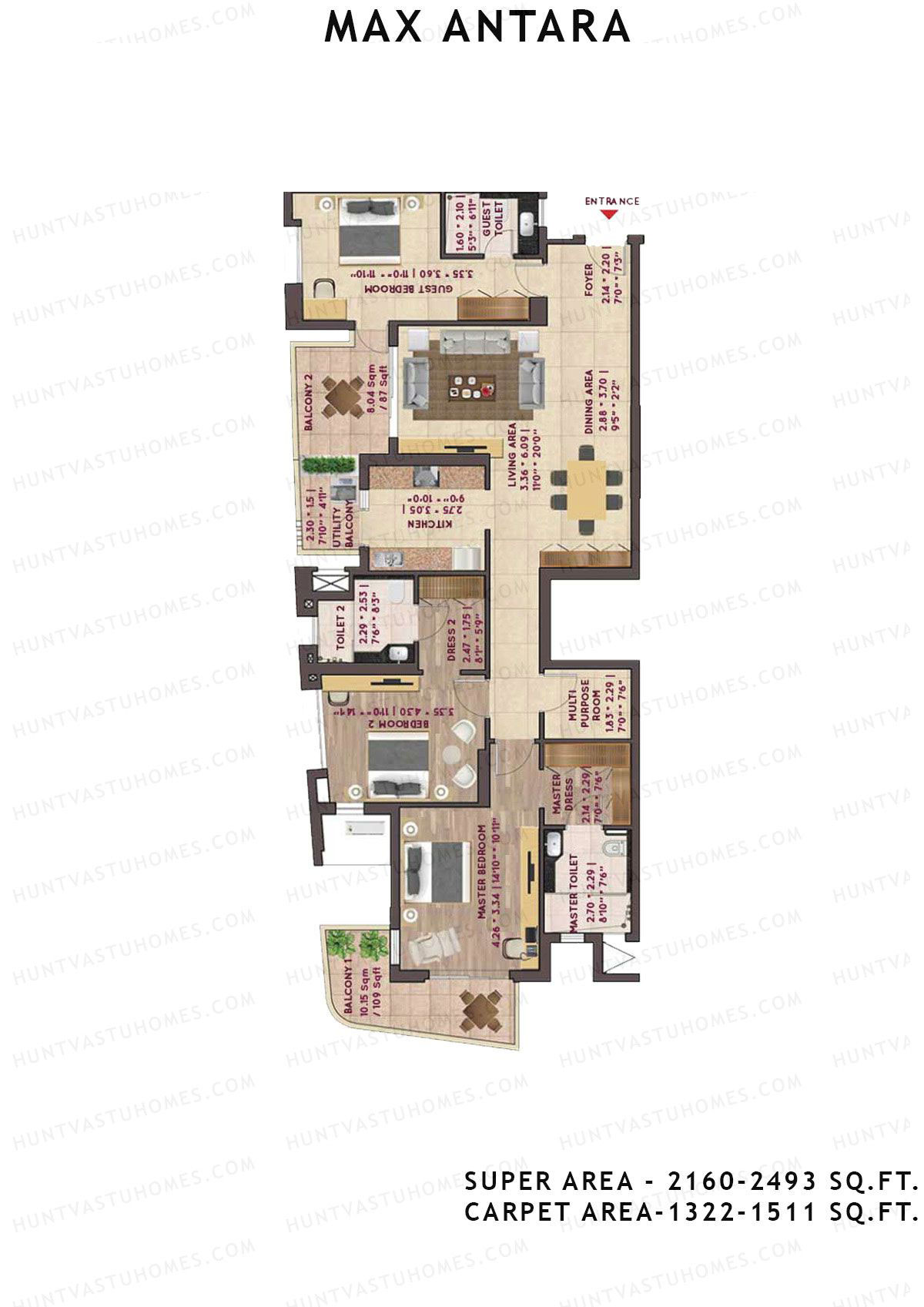 Max Antara Noida Tower R1 Unit 1 (Type B) Floor Plan