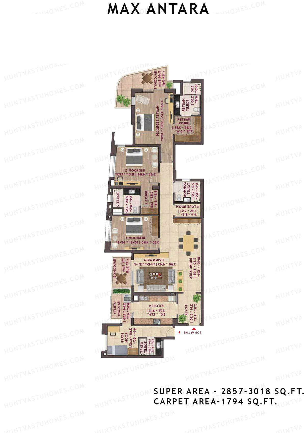 Max Antara Noida Tower R1 Unit 3 (Type A) Floor Plan