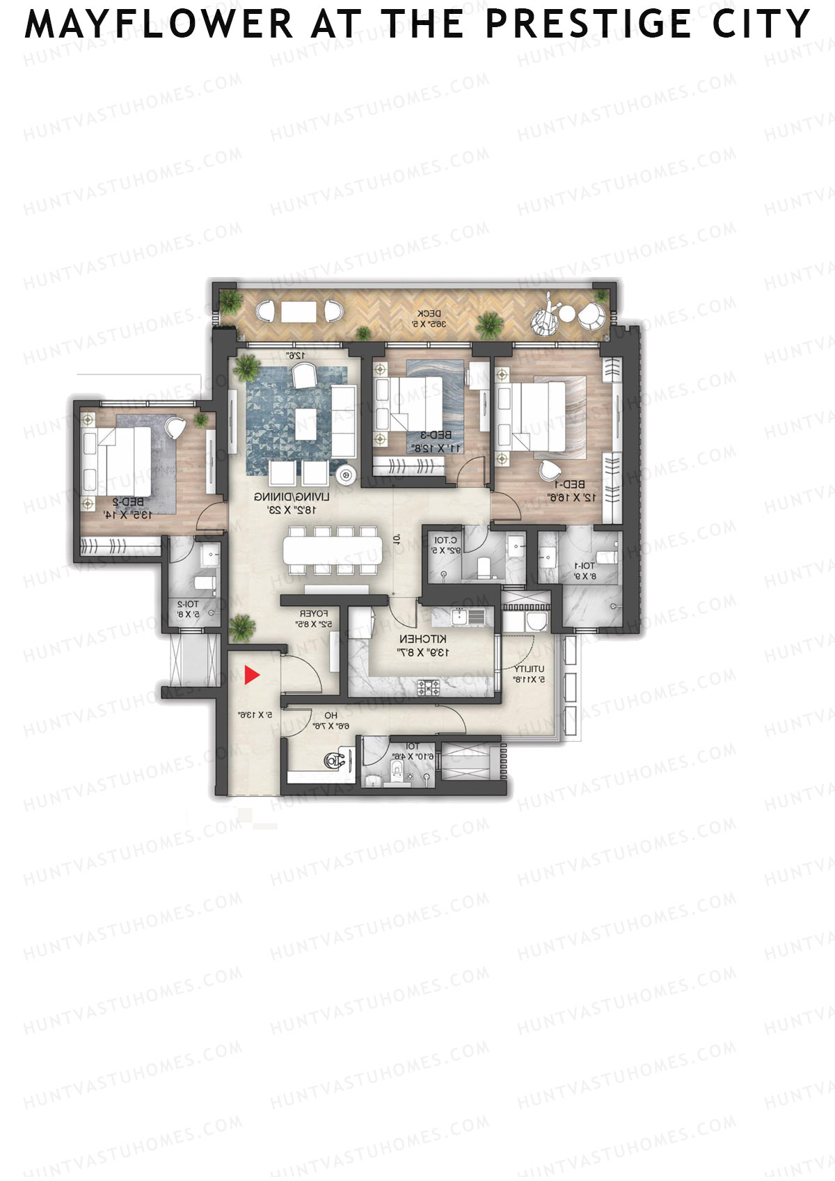 Mayflower at the Prestige City, Gulmohar G1, Unit 1 (Type D3), 3BHK, Super Area 2268   sq ft 