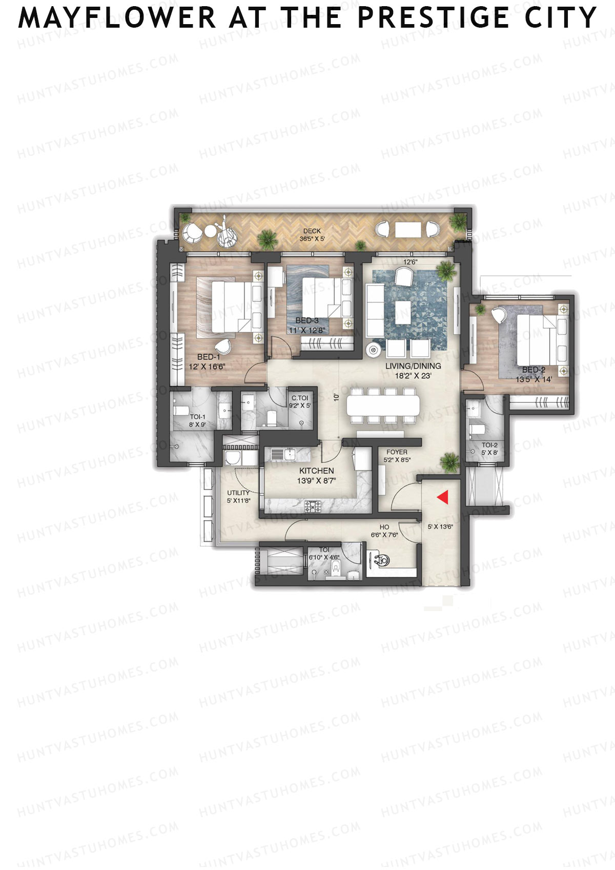 Mayflower at the Prestige City, Gulmohar G1, Unit 4 (Type D3), 3BHK, Super Area 2268   sq ft 