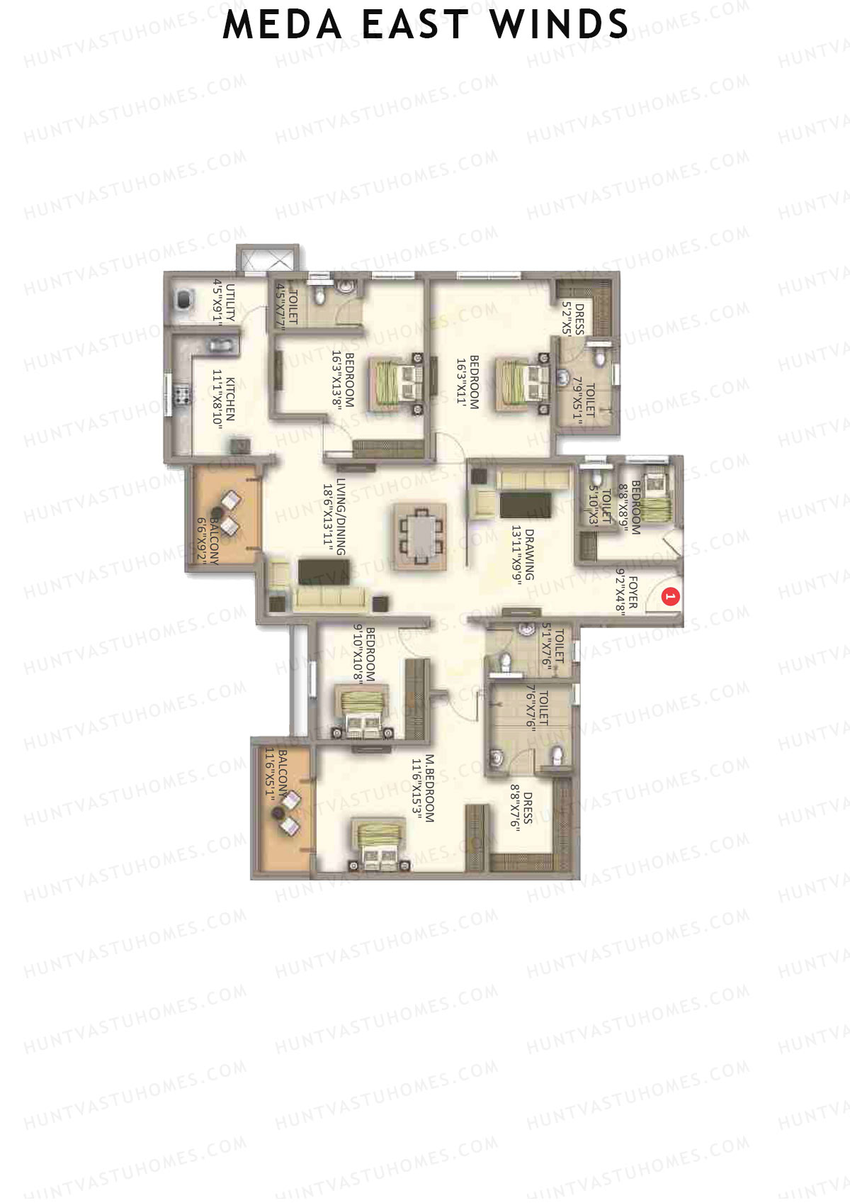 Meda East Winds Tower B Unit 1 Floor Plan