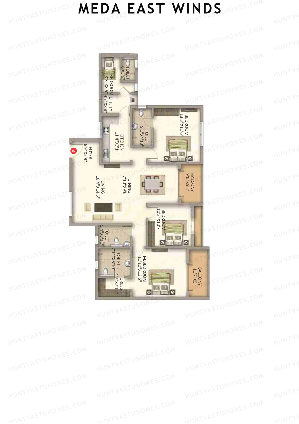 Meda East Winds Wing 1 Unit 3 Floor Plan