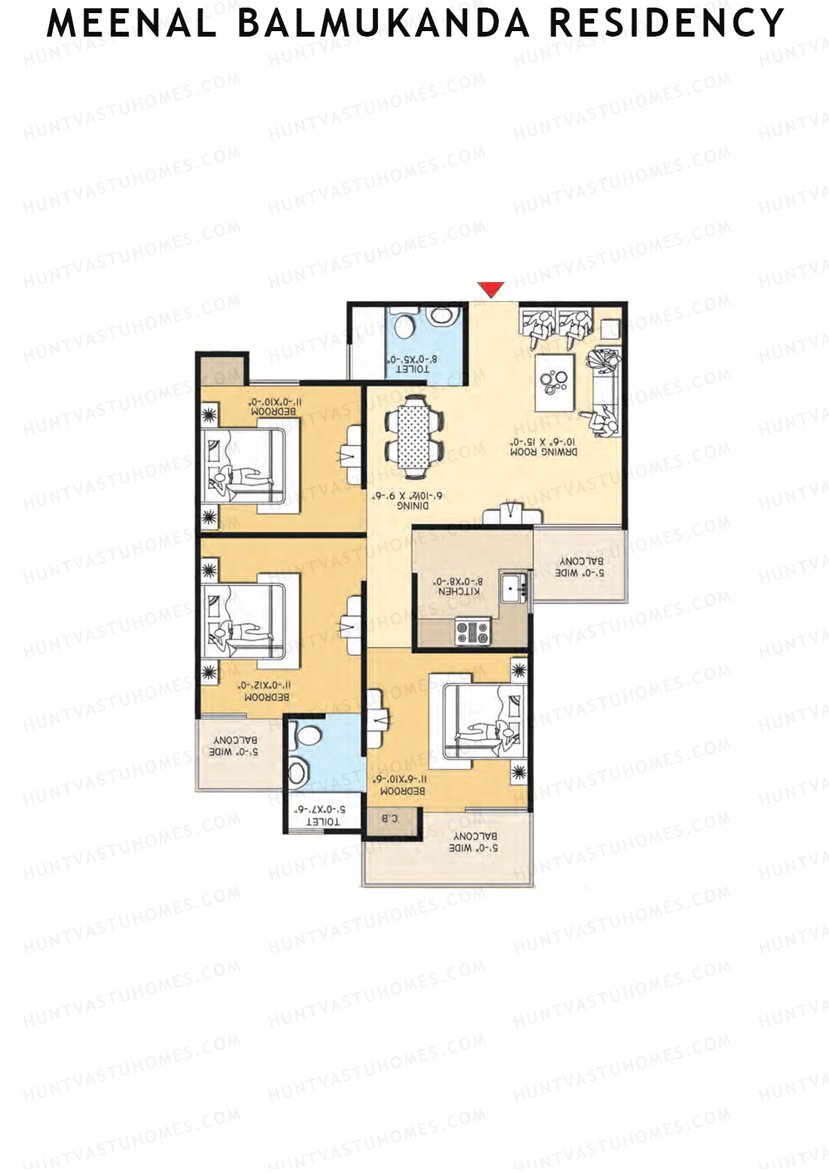 Meenal Balmukanda Residency, Tower B, Unit 5 (Type 2), 3BHK, Super Area 1345   sq ft 