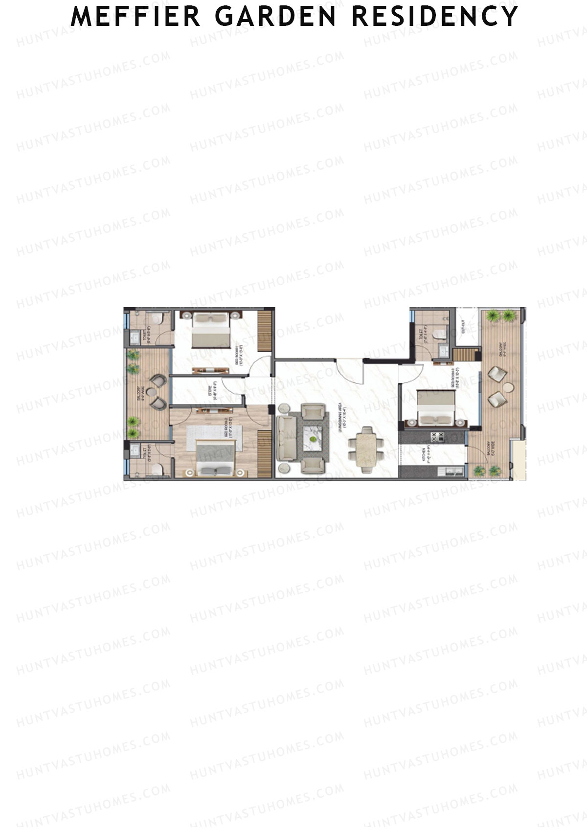 Meffier Garden Residency, Block 101-104, Unit 104 (Type G), 3BHK, Super Area 1610   sq ft 