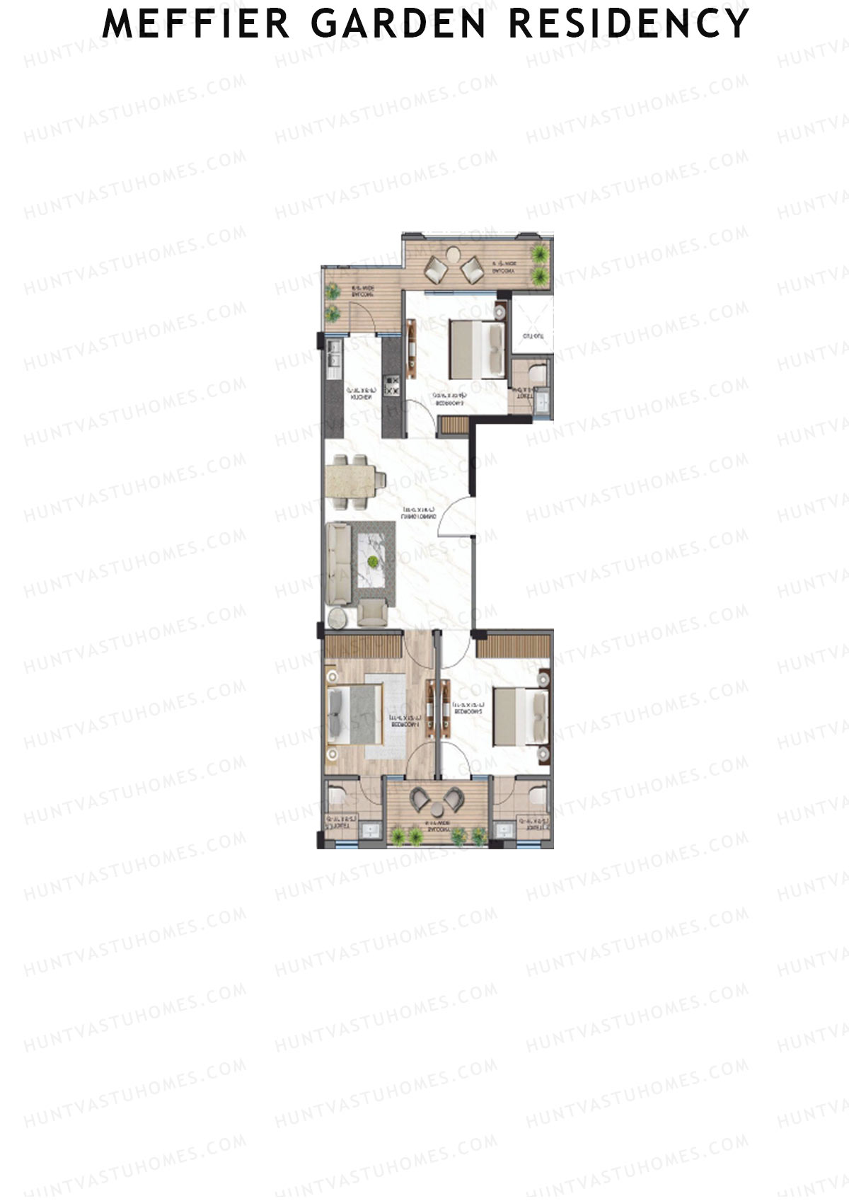 Meffier Garden Residency, Block 109-111, Unit 110 (Type H), 3BHK, Super Area 1393   sq ft 