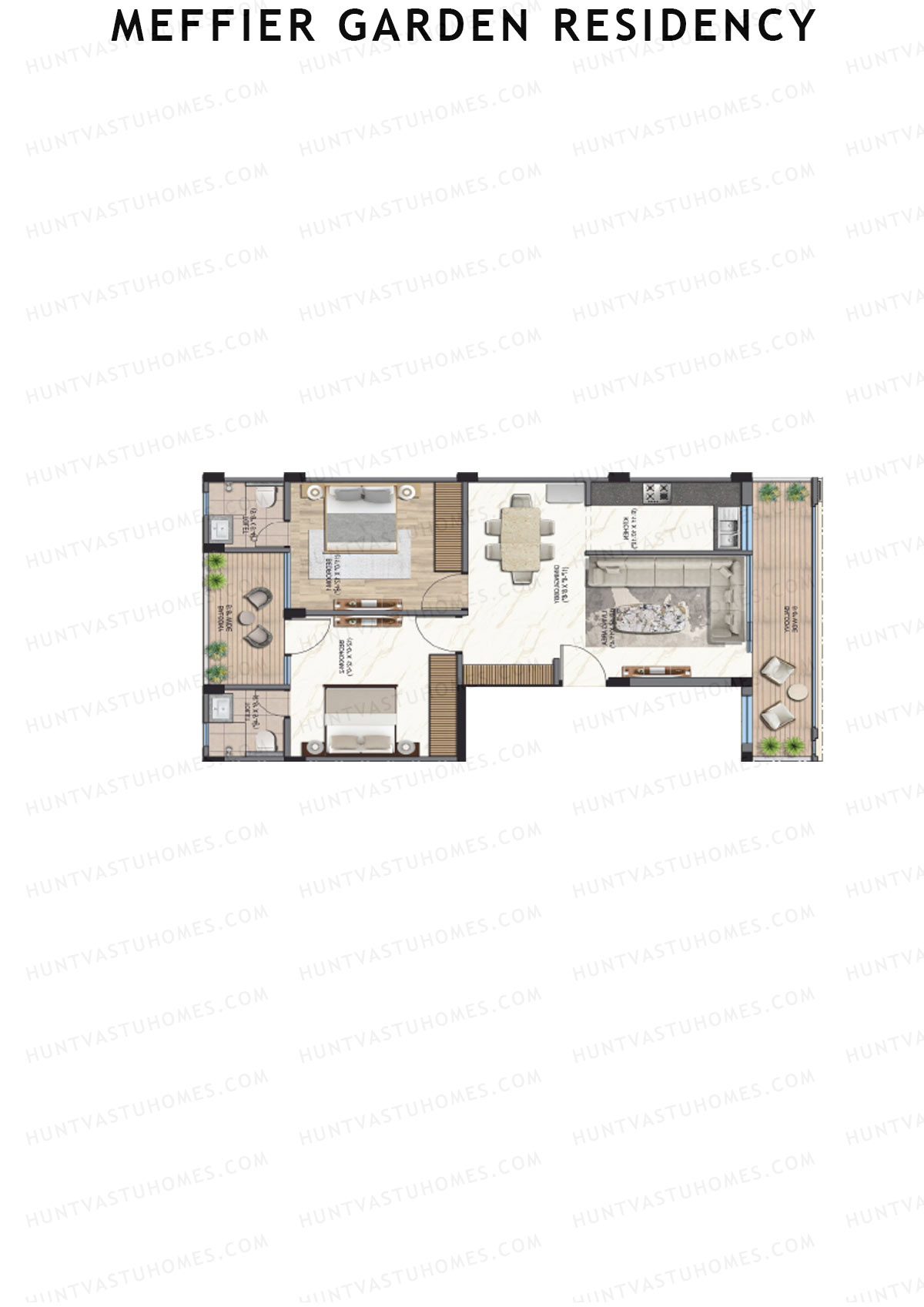 Meffier Garden Residency, Block 124-130, Unit 124 (Type J), 2BHK, Super Area 1227   sq ft 