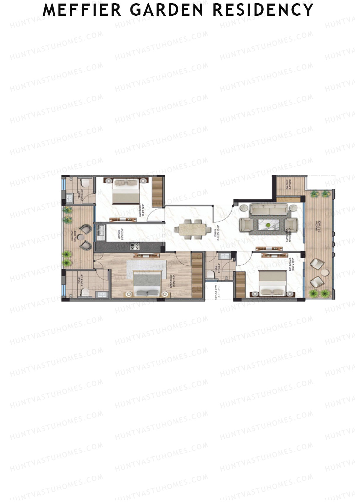 Meffier Garden Residency, Block 12-17, Unit 15 (Type B), 3BHK, Super Area 1584   sq ft 