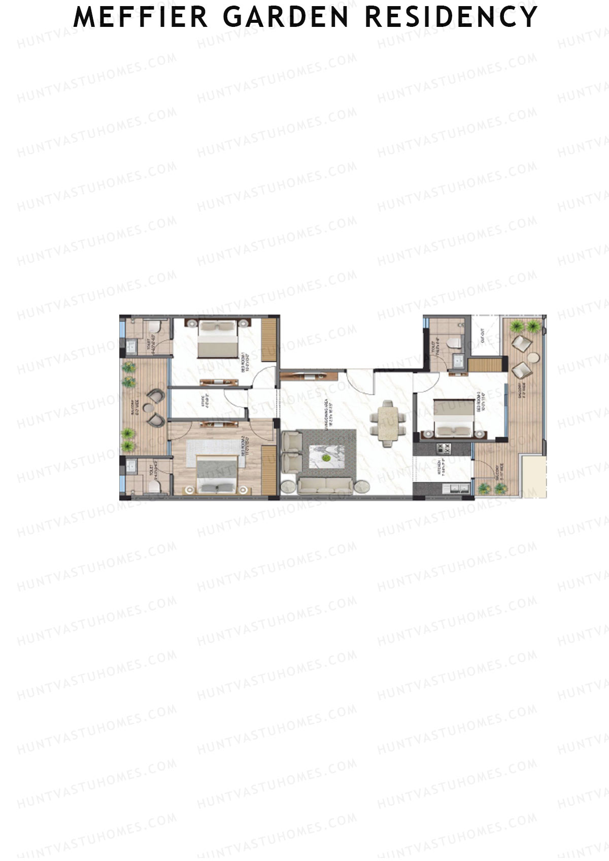Meffier Garden Residency, Block 1-5, Unit 2 (Type A), 3BHK, Super Area 1598   sq ft 