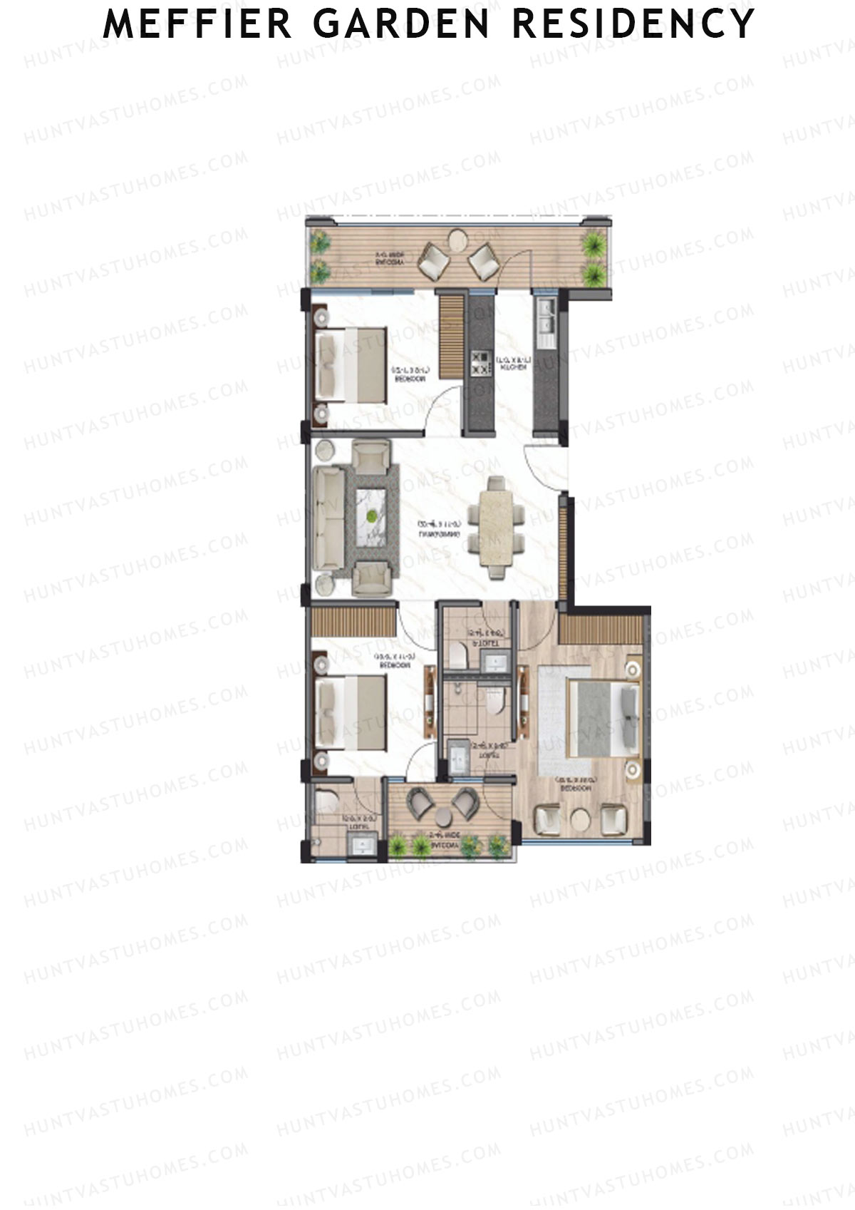 Meffier Garden Residency, Block 80-92, Unit 80 (Type E), 3BHK, Super Area 1310   sq ft 