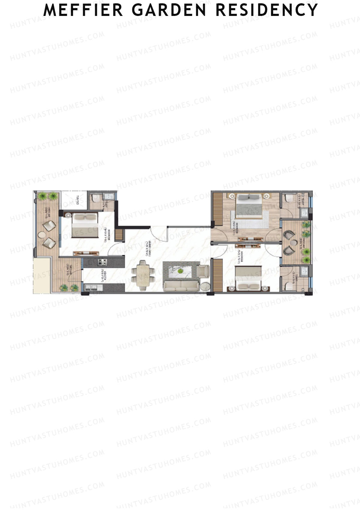 Meffier Garden Residency, Block 93-100, Unit 95 (Type F), 3BHK, Super Area 1385   sq ft 