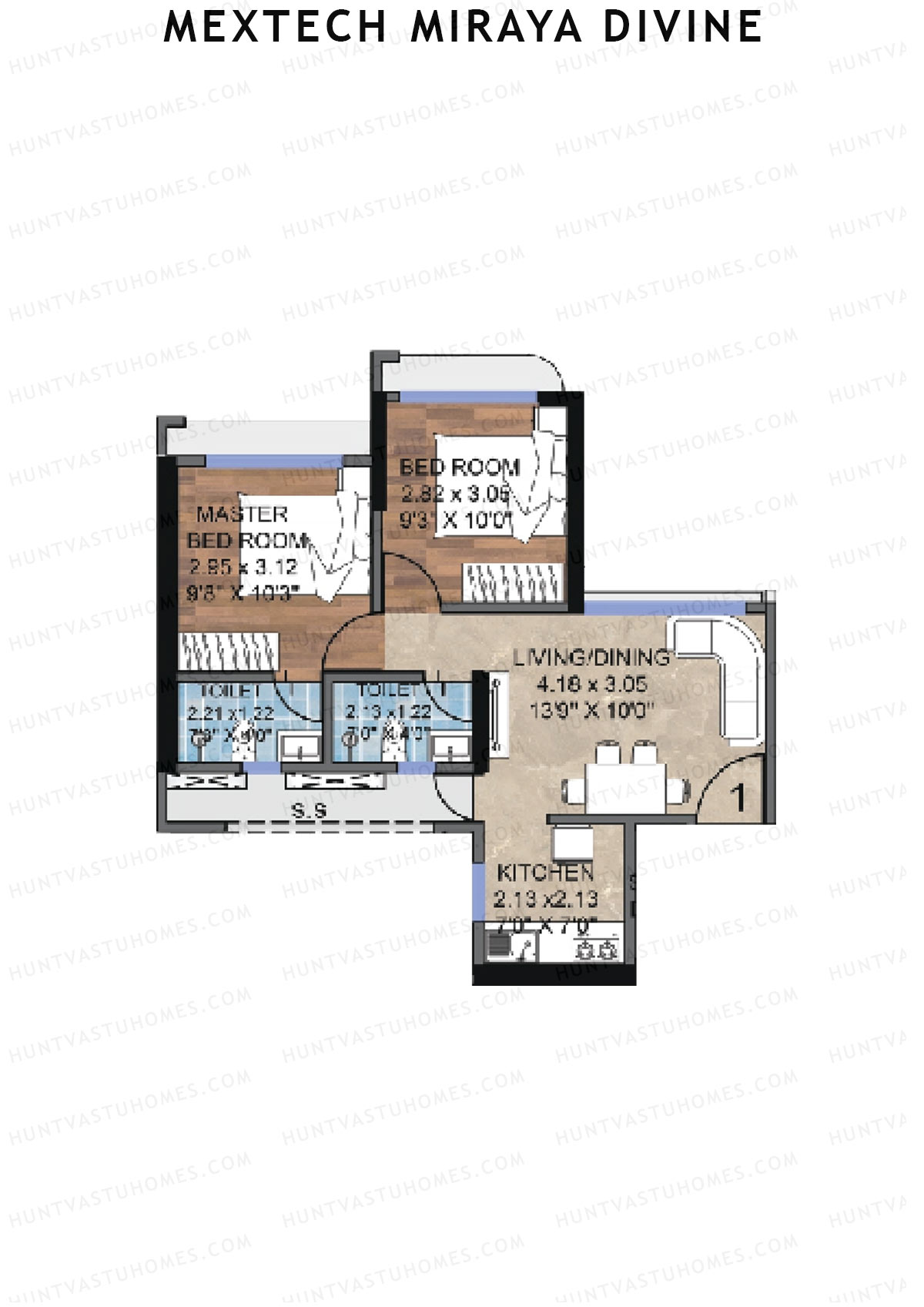 Mextech Miraya Divine, Block 3, Unit 1, 2BHK, Carpet Area 478   sq ft 
