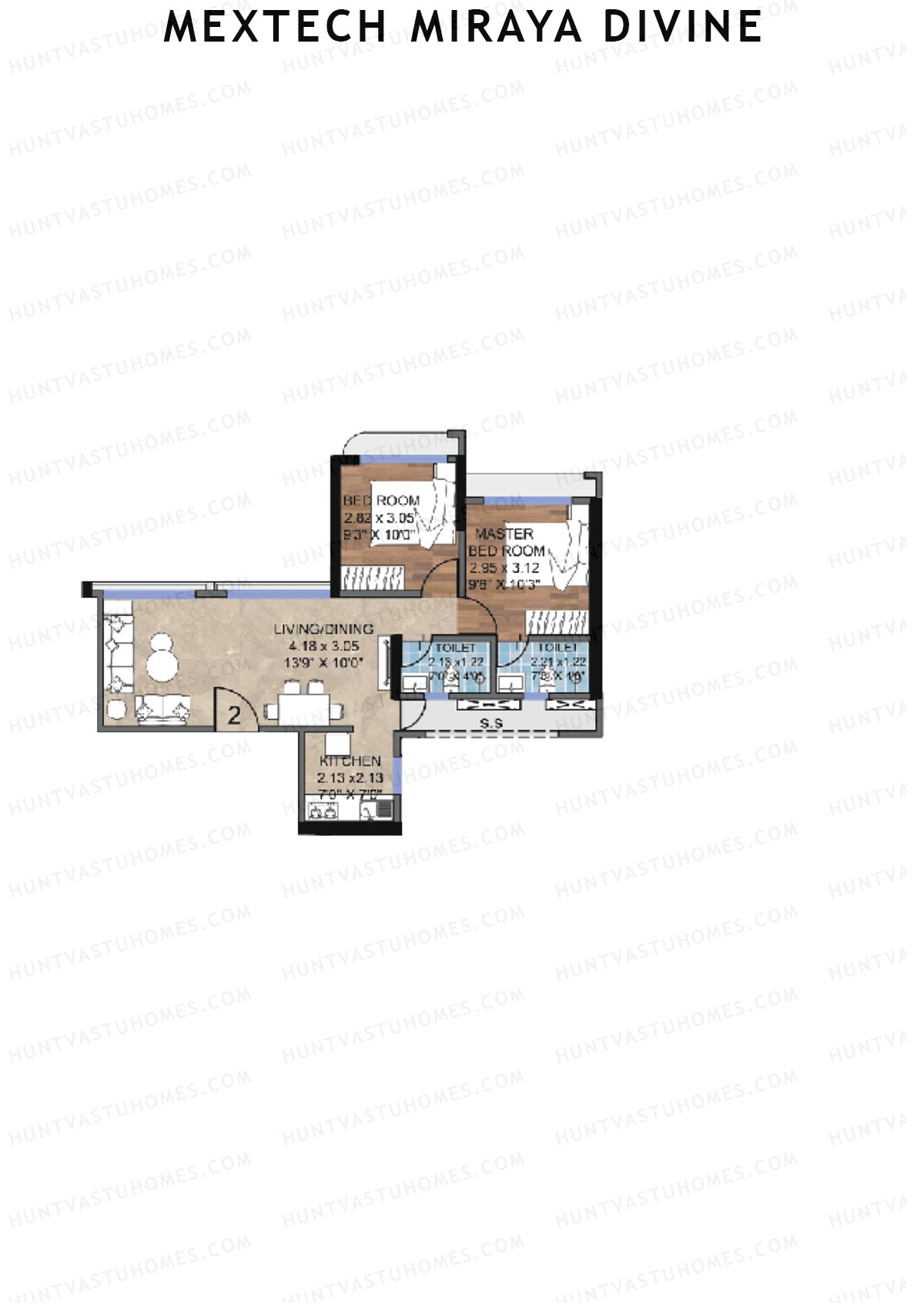 Mextech Miraya Divine, Block 3, Unit 2, 2BHK, Carpet Area 566   sq ft 