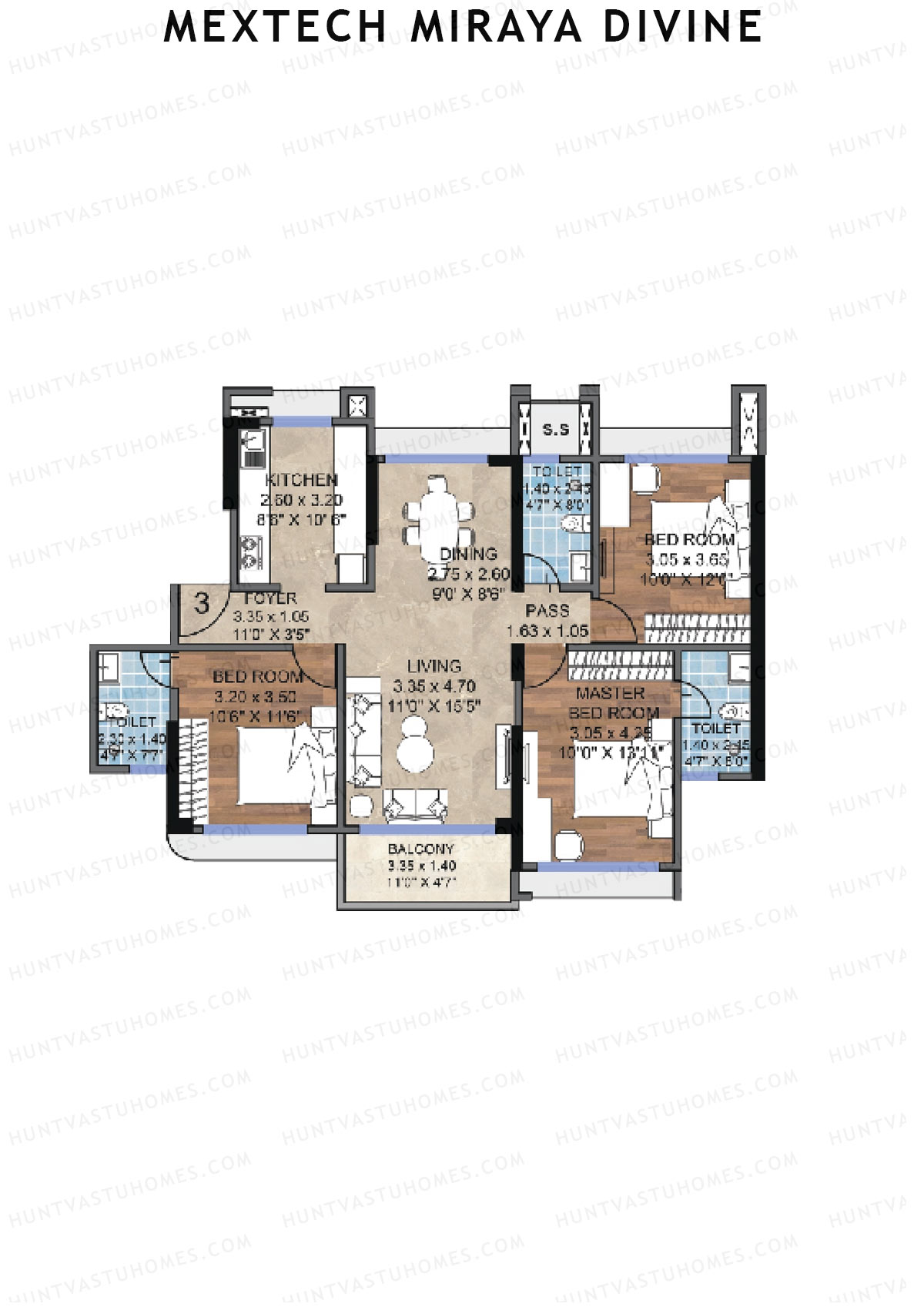 Mextech Miraya Divine, Block 3, Unit 3, 3BHK, Carpet Area 1000   sq ft 