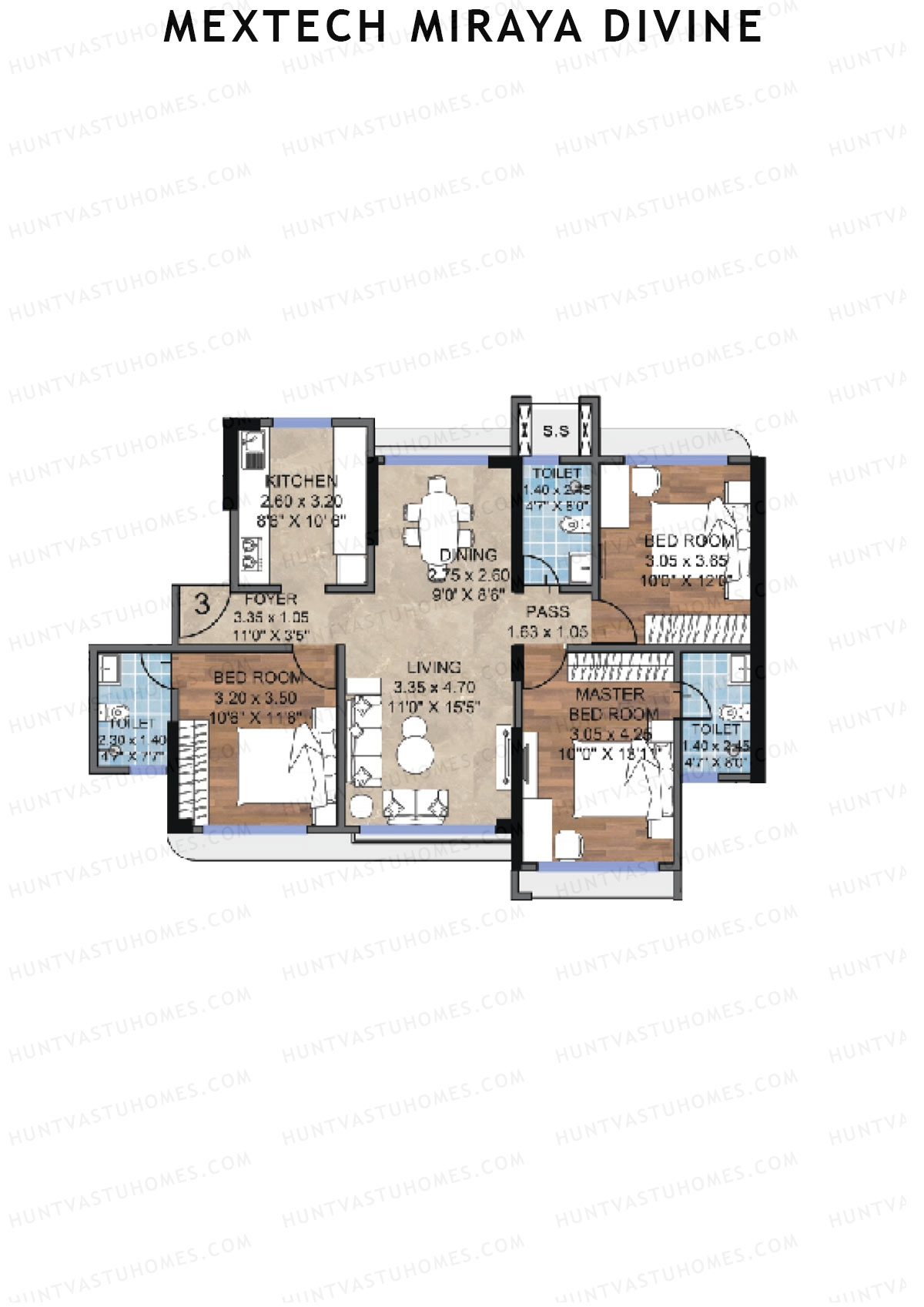 Mextech Miraya Divine, Block 3, Unit 3, 3BHK, Carpet Area 943   sq ft 