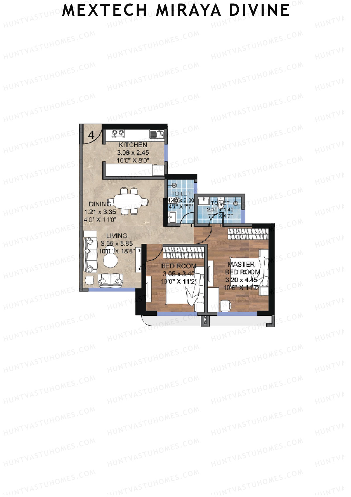 Mextech Miraya Divine, Block 3, Unit 4, 2BHK, Carpet Area 736   sq ft 