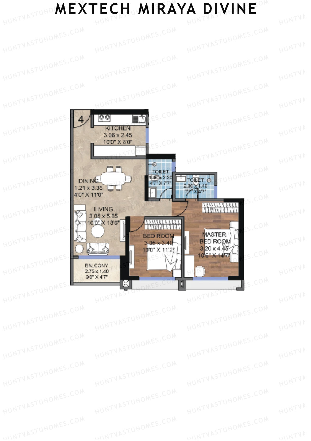 Mextech Miraya Divine, Block 3, Unit 4, 2BHK, Carpet Area 789   sq ft 