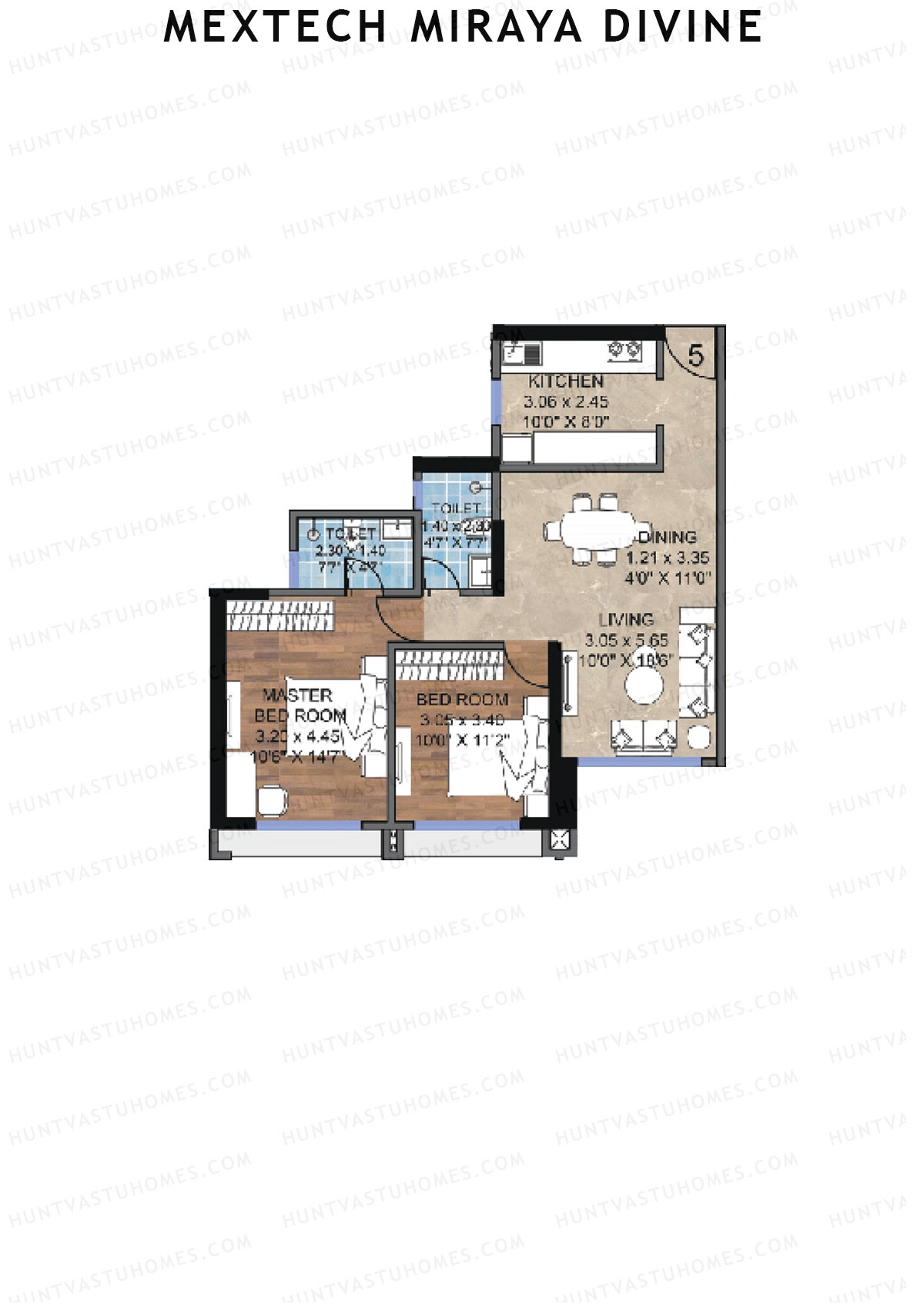Mextech Miraya Divine, Block 3, Unit 5, 2BHK, Carpet Area 736   sq ft 