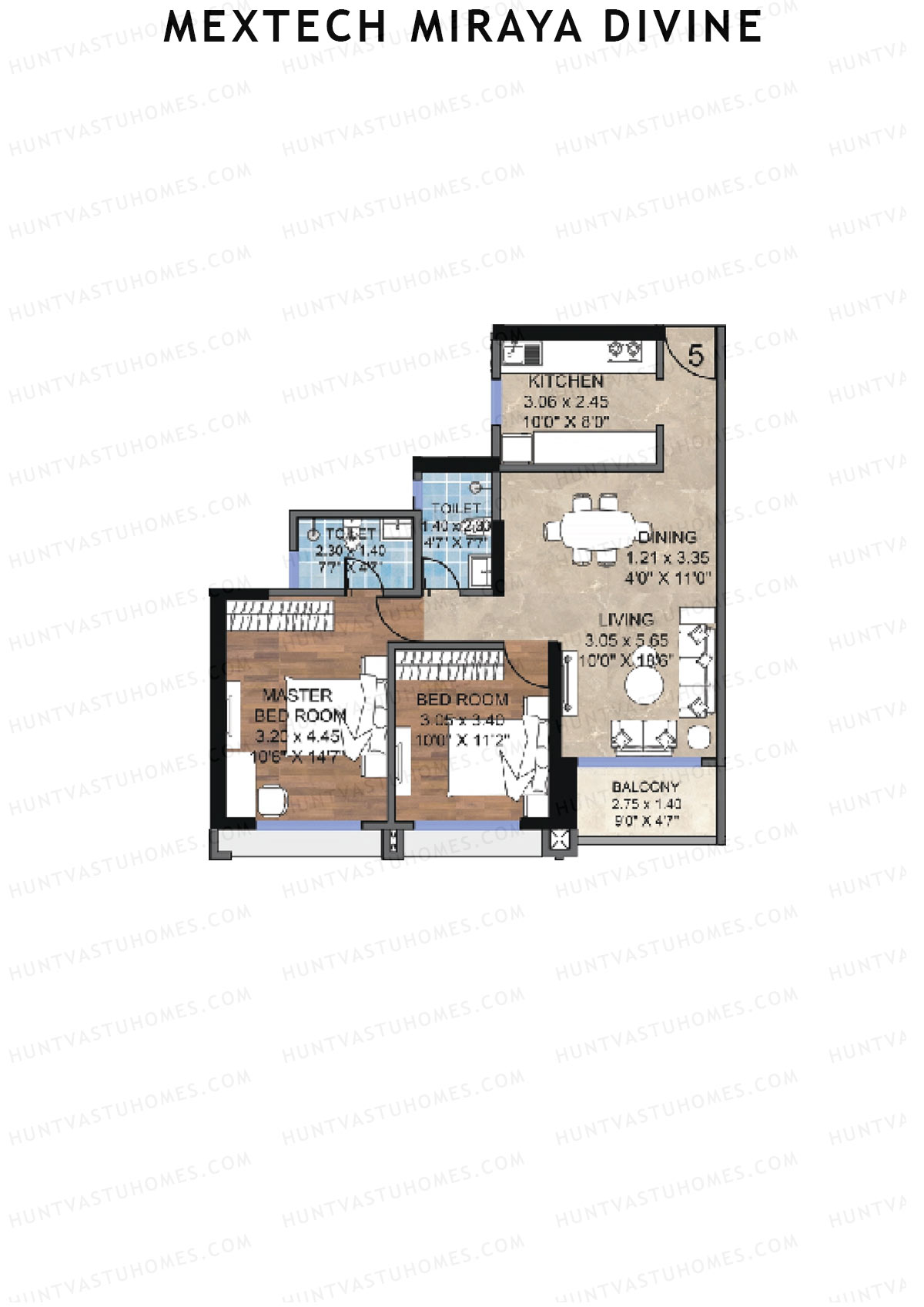 Mextech Miraya Divine, Block 3, Unit 5, 2BHK, Carpet Area 789   sq ft 