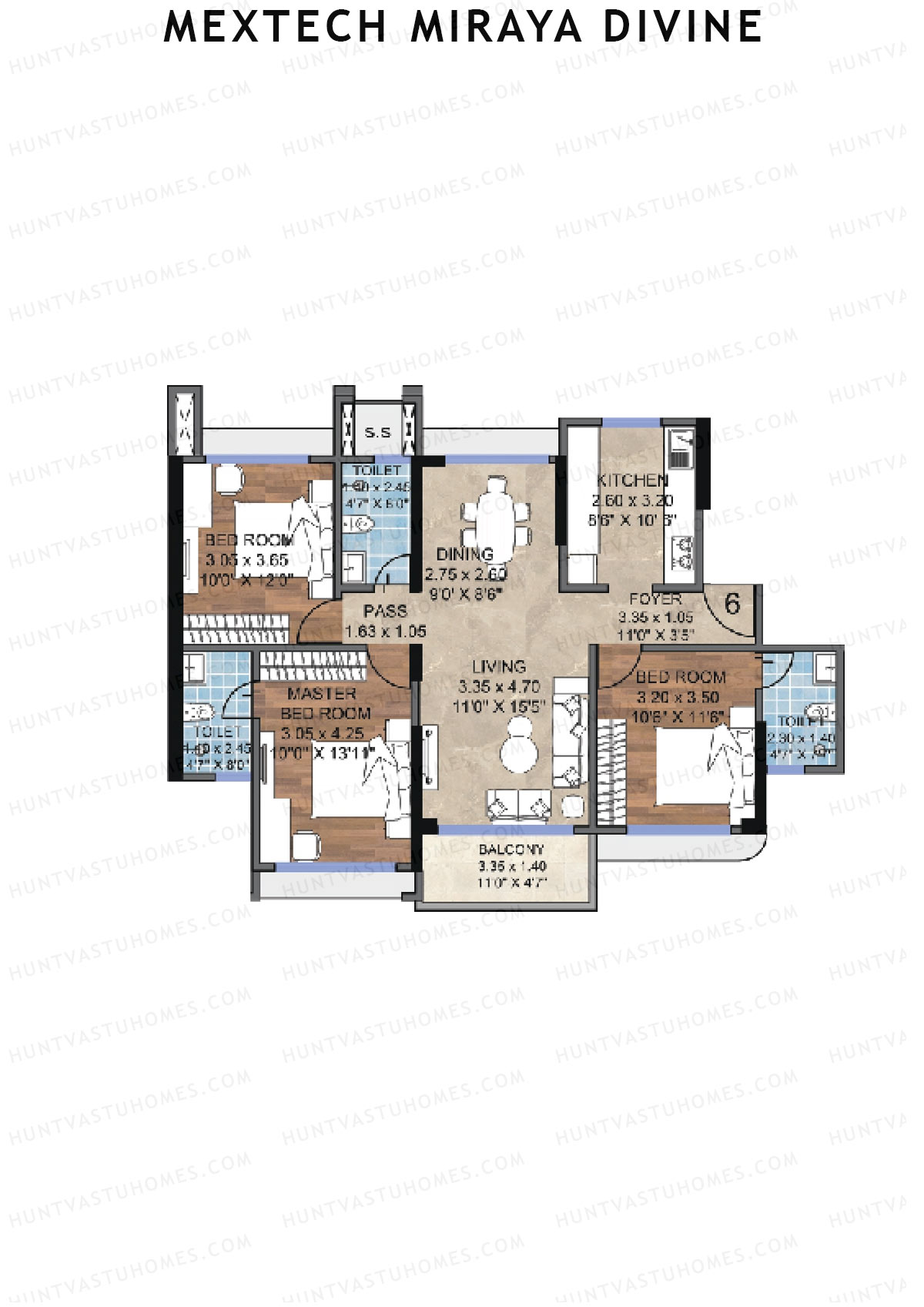 Mextech Miraya Divine, Block 3, Unit 6, 3BHK, Carpet Area 1000   sq ft 