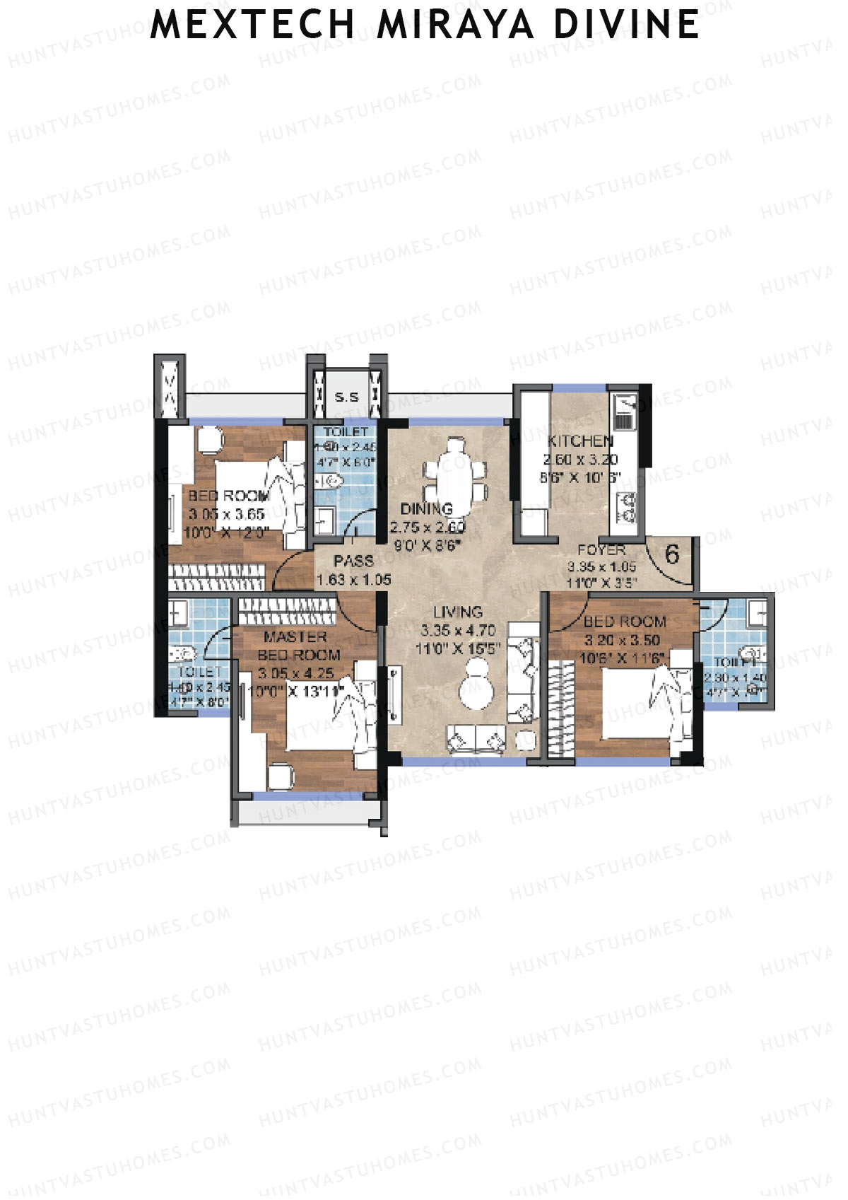 Mextech Miraya Divine, Block 3, Unit 6, 3BHK, Carpet Area 943   sq ft 