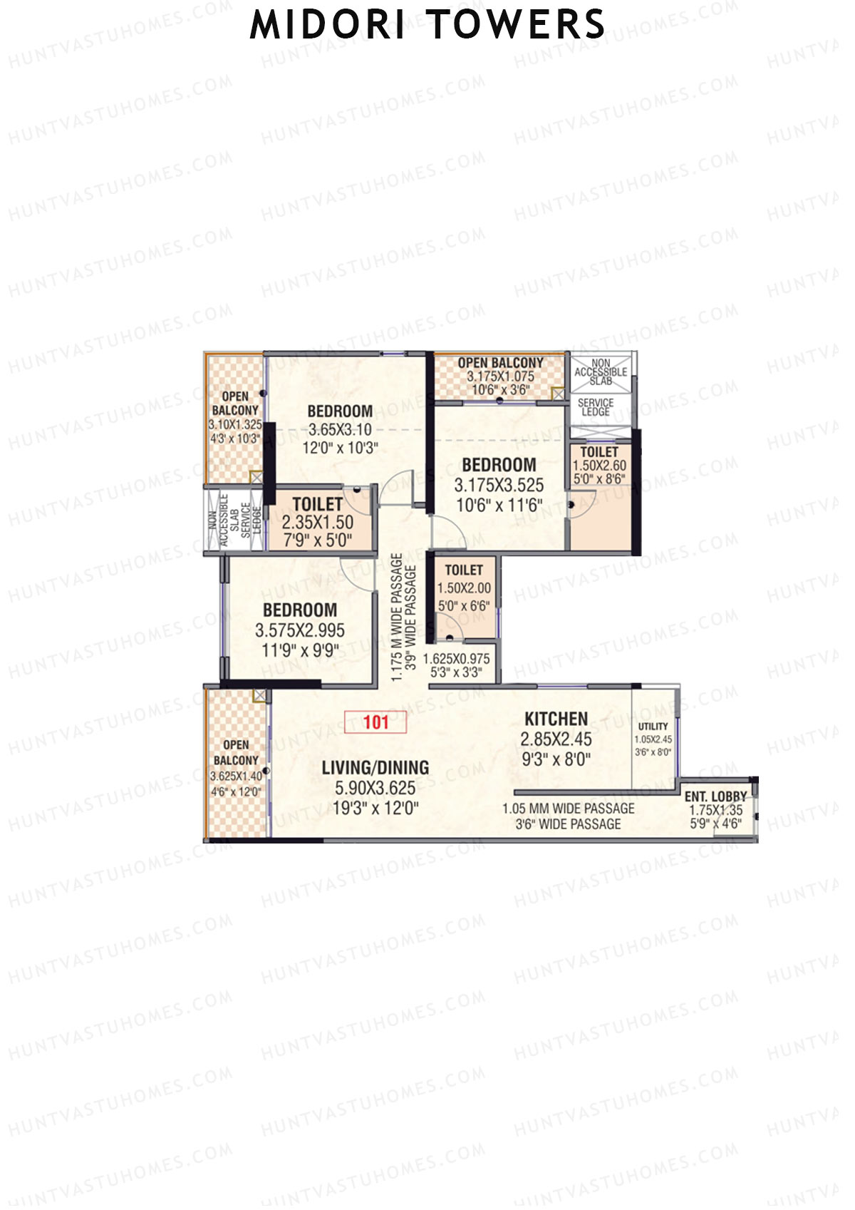 Midori Towers, Wing D, Unit 1, 3BHK, Carpet Area 1157   sq ft 