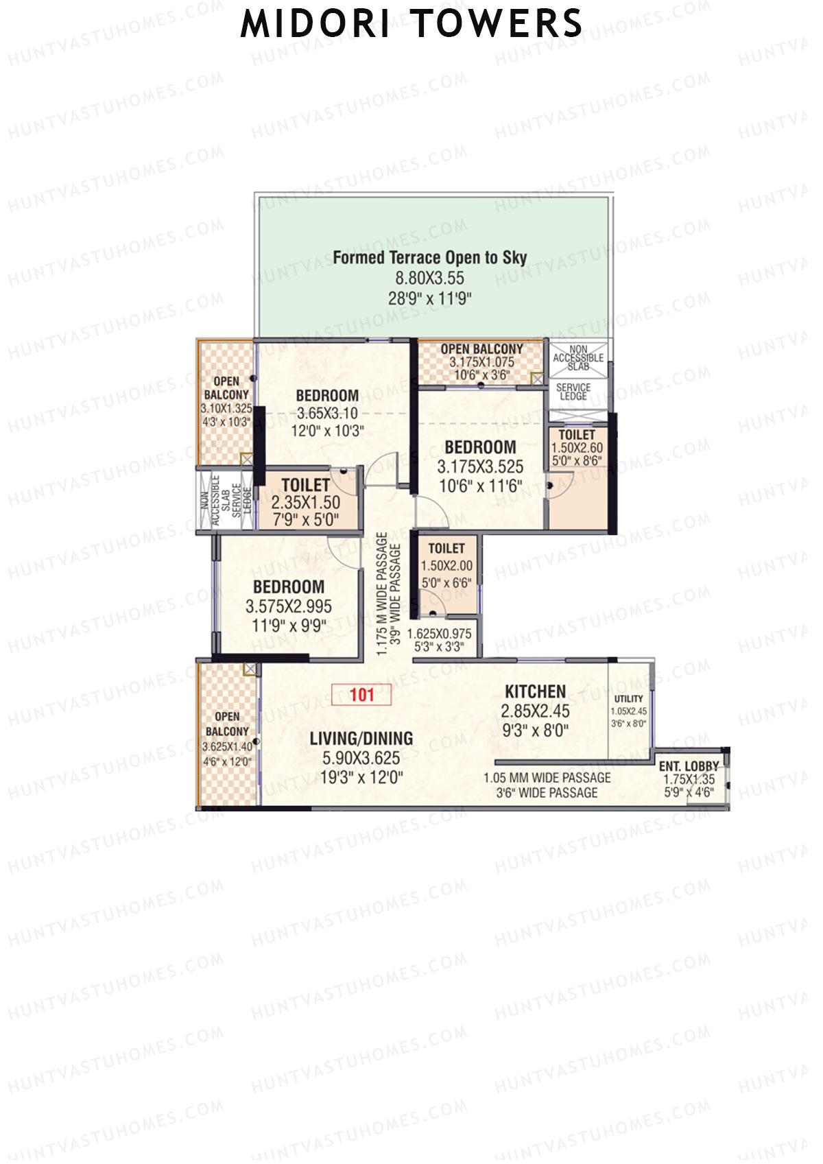 Midori Towers, Wing D, Unit 1, 3BHK, Carpet Area 1157   sq ft 