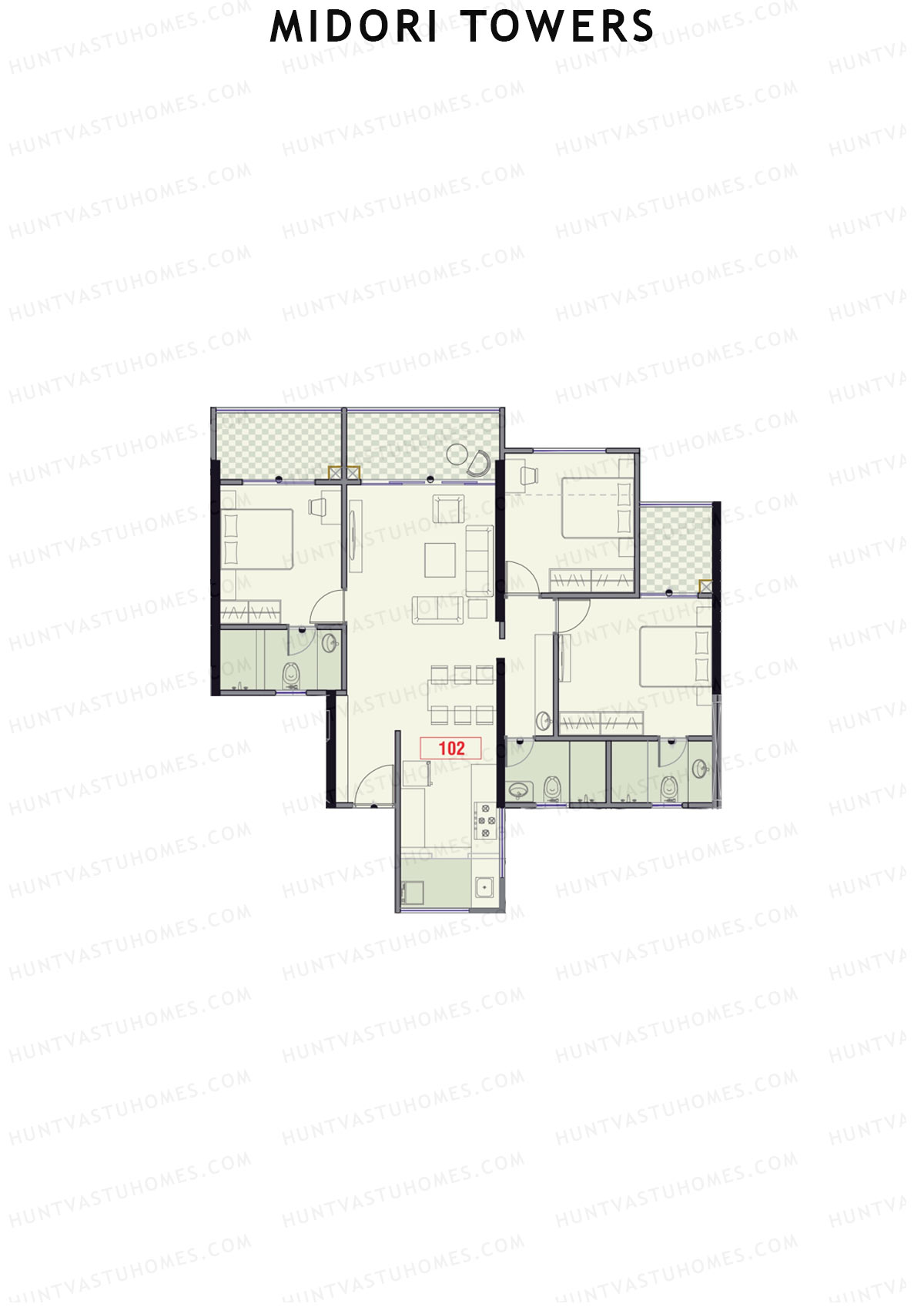 Midori Towers, Wing D, Unit 2 (Type 2), 3BHK, Carpet Area 1154   sq ft 
