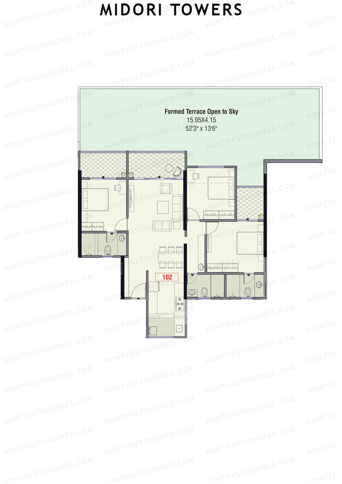 Midori Towers, Wing D, Unit 2 (Type 2), 3BHK, Carpet Area 1154   sq ft 