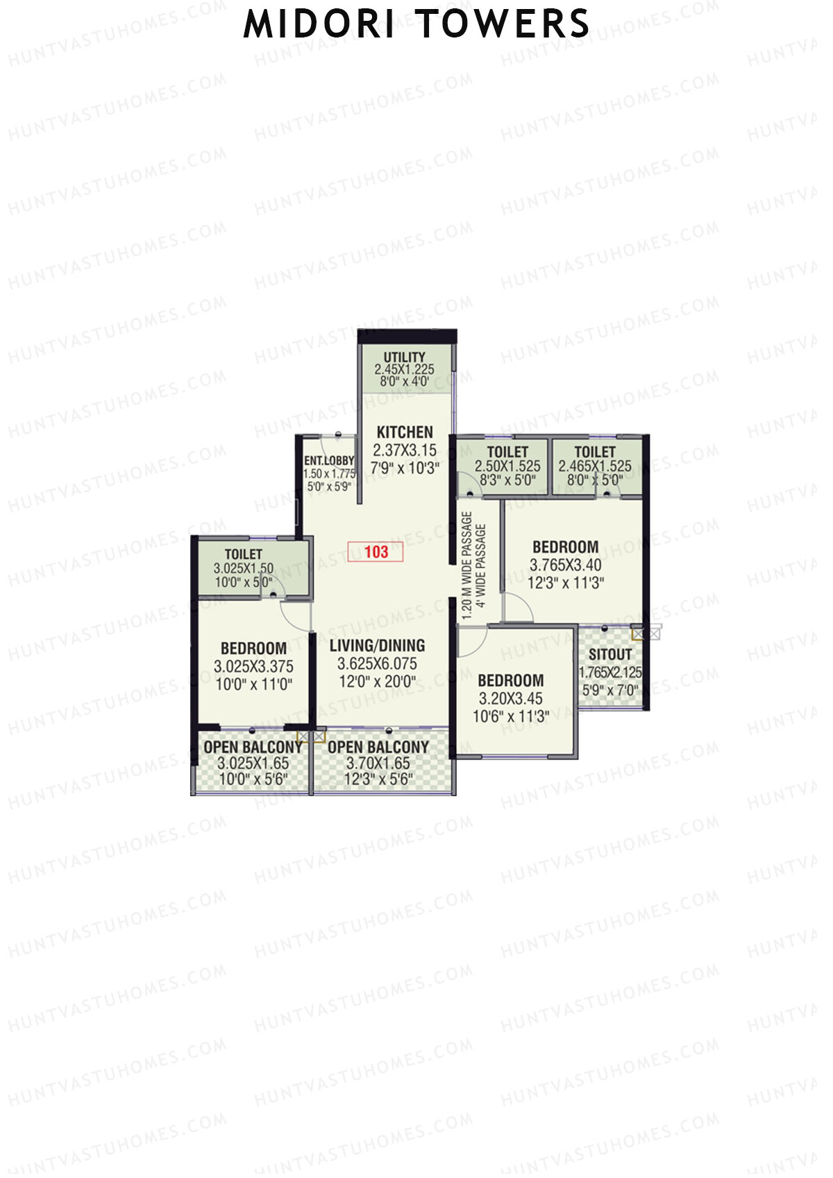 Midori Towers, Wing D, Unit 3 (Type 2), 3BHK, Carpet Area 1154   sq ft 