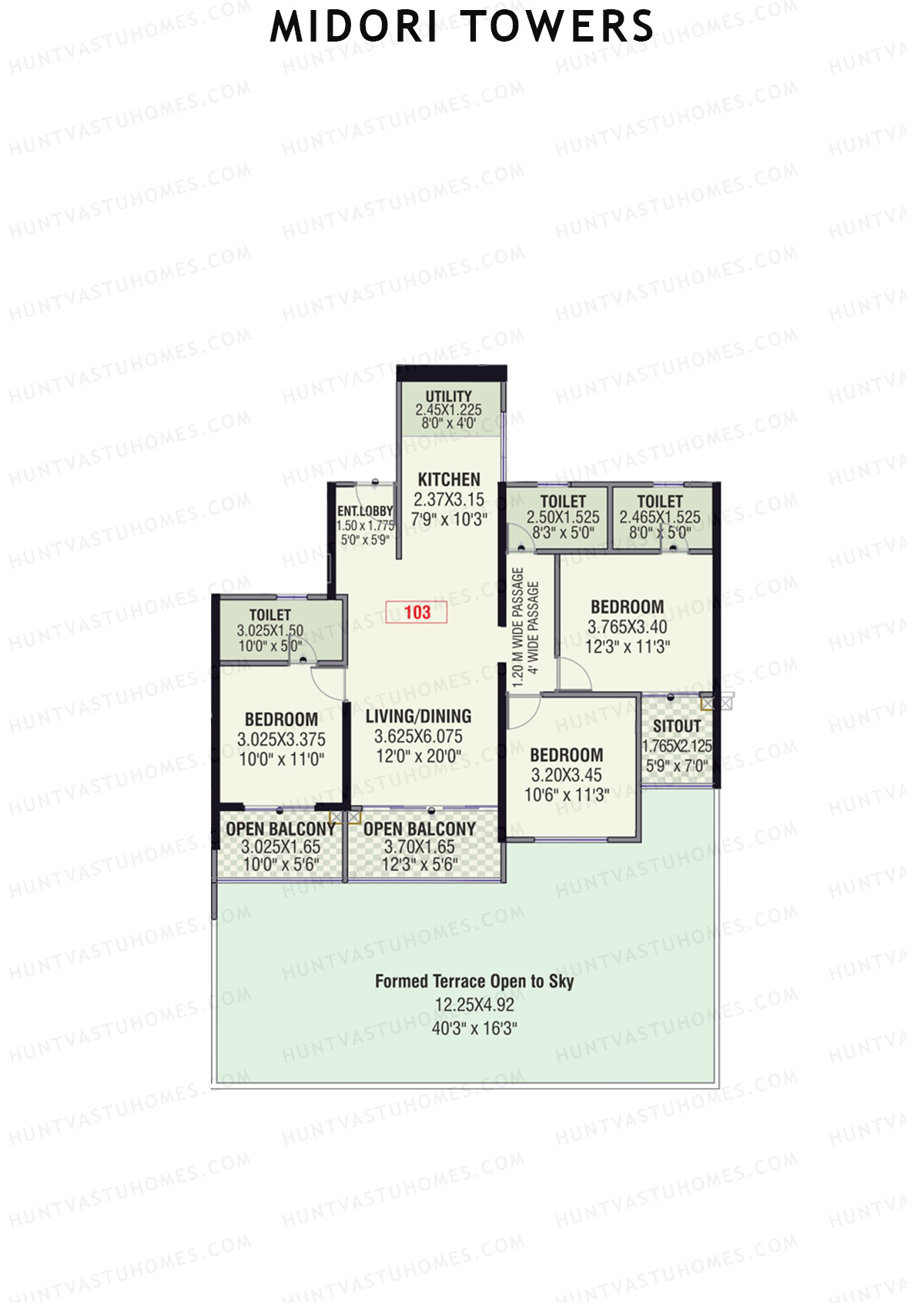 Midori Towers, Wing D, Unit 3 (Type 2), 3BHK, Carpet Area 1154   sq ft 