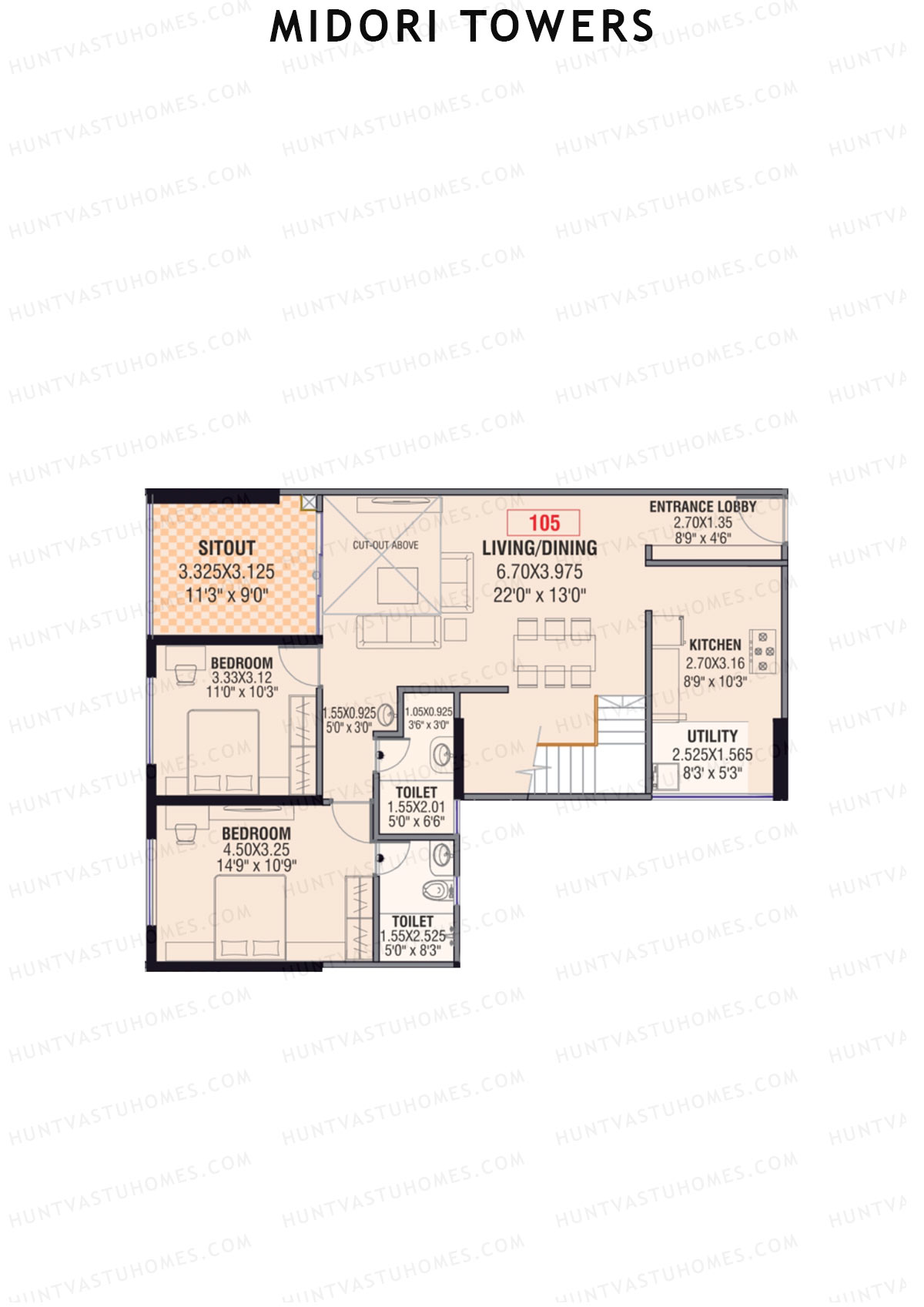 Midori Towers, Wing D, Unit 5 (Type DU), 4BHK, Carpet Area 2014   sq ft 