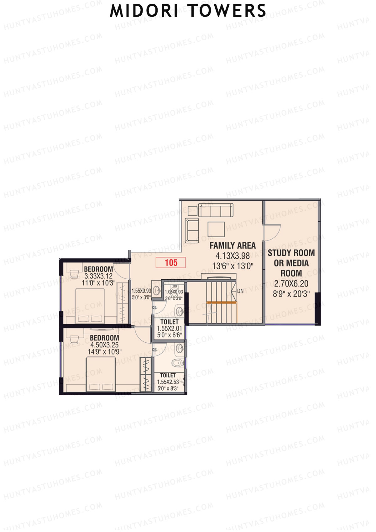 Midori Towers, Wing D, Unit 5 (Type DU), 4BHK, Carpet Area 2014   sq ft 
