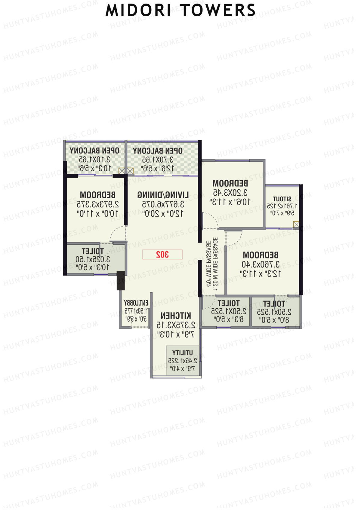 Midori Towers, Wing E, Unit 1 (Type 2), 3BHK, Carpet Area 1154   sq ft 