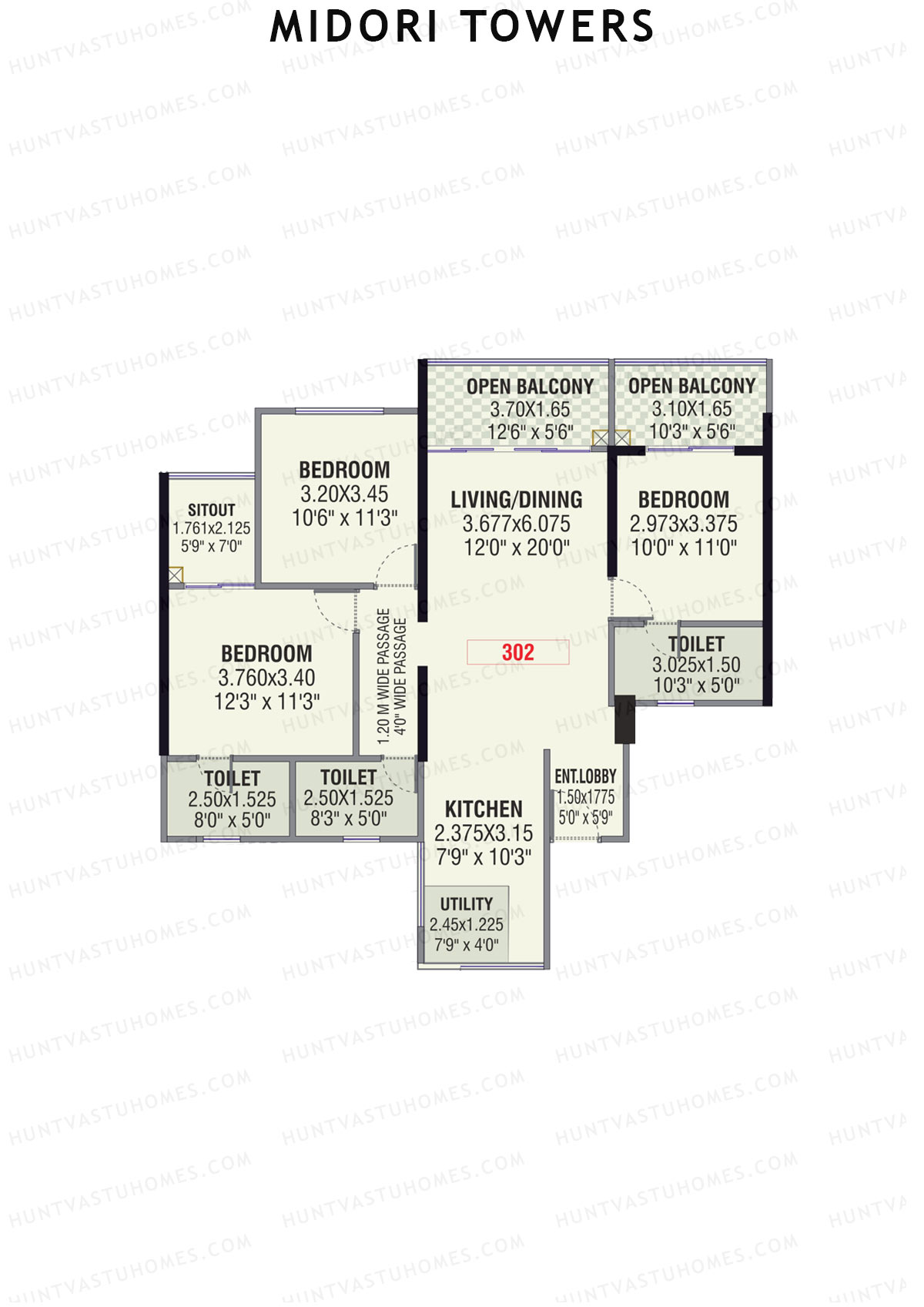 Midori Towers, Wing E, Unit 2 (Type 2), 3BHK, Carpet Area 1154   sq ft 