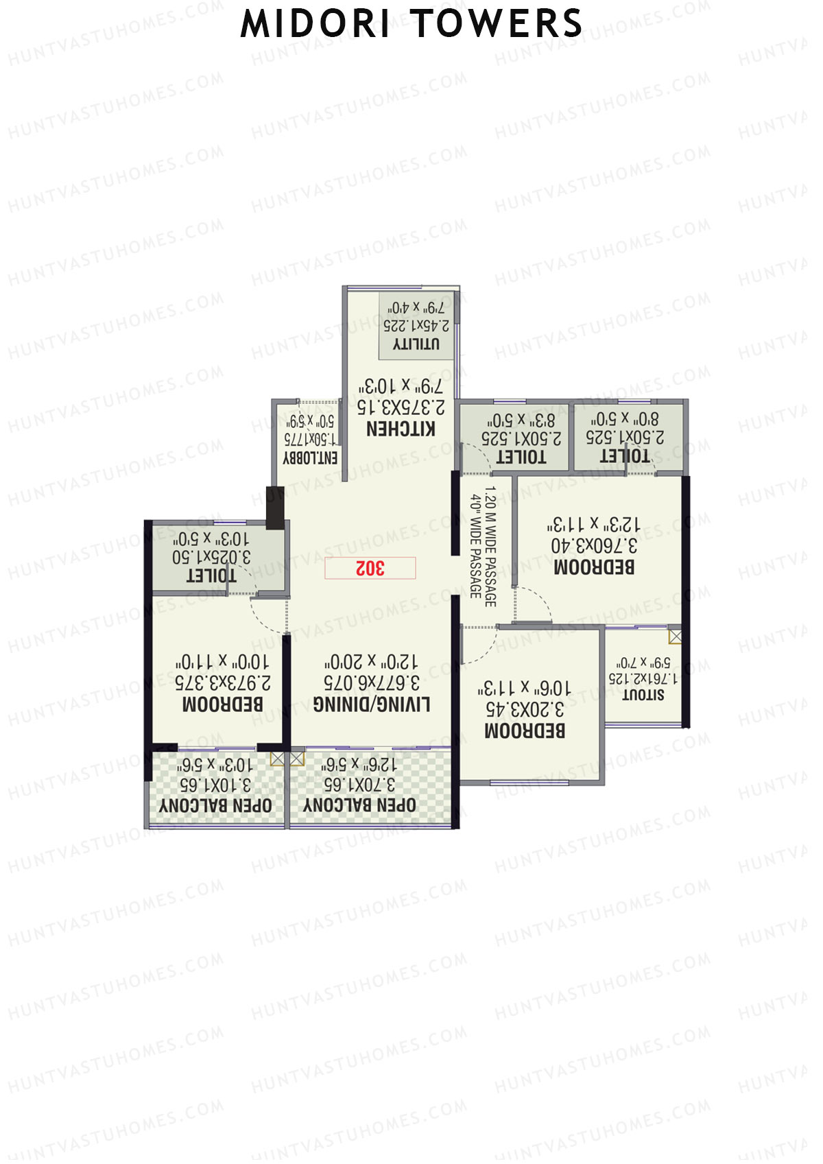 Midori Towers, Wing E, Unit 3 (Type 2), 3BHK, Carpet Area 1154   sq ft 