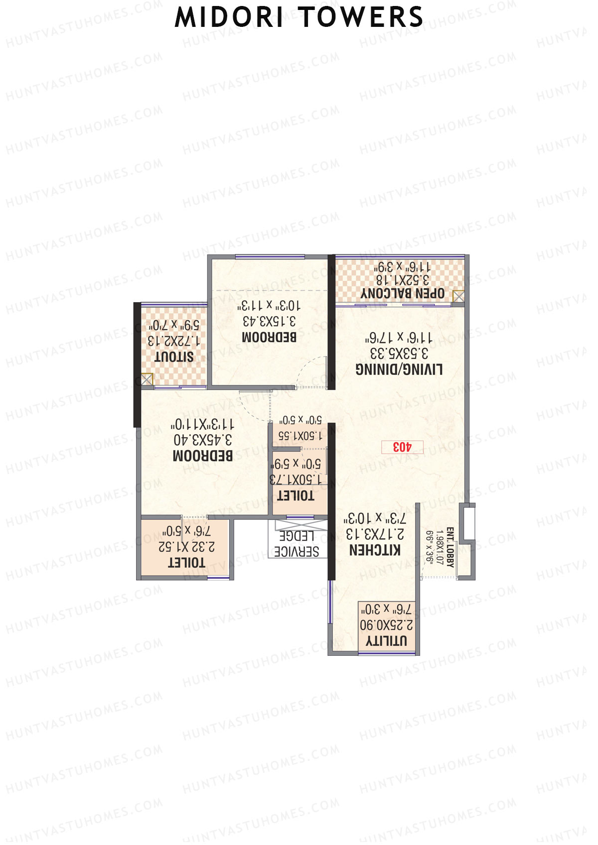 Midori Towers, Wing F, Unit 1 (Type 1), 2BHK, Carpet Area 779   sq ft 
