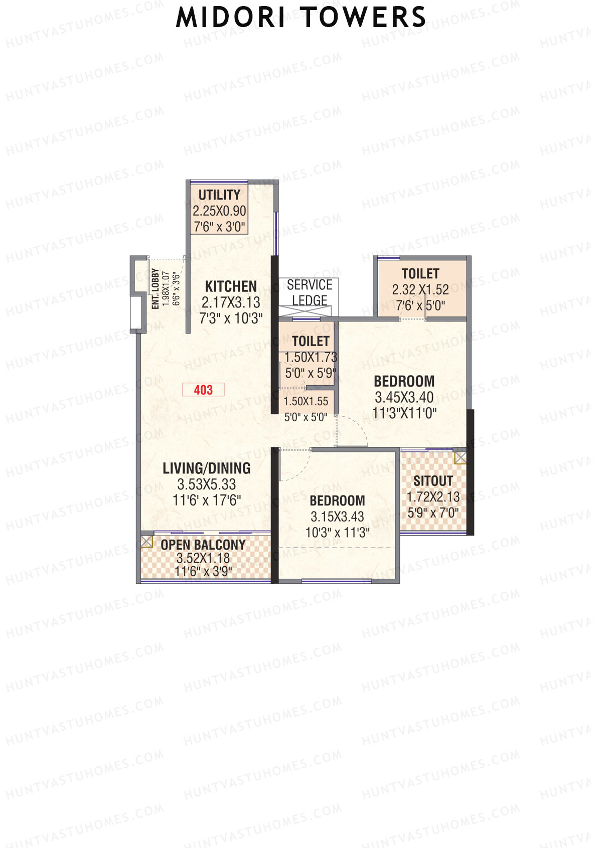 Midori Towers, Wing F, Unit 3 (Type 1), 2BHK, Carpet Area 779   sq ft 