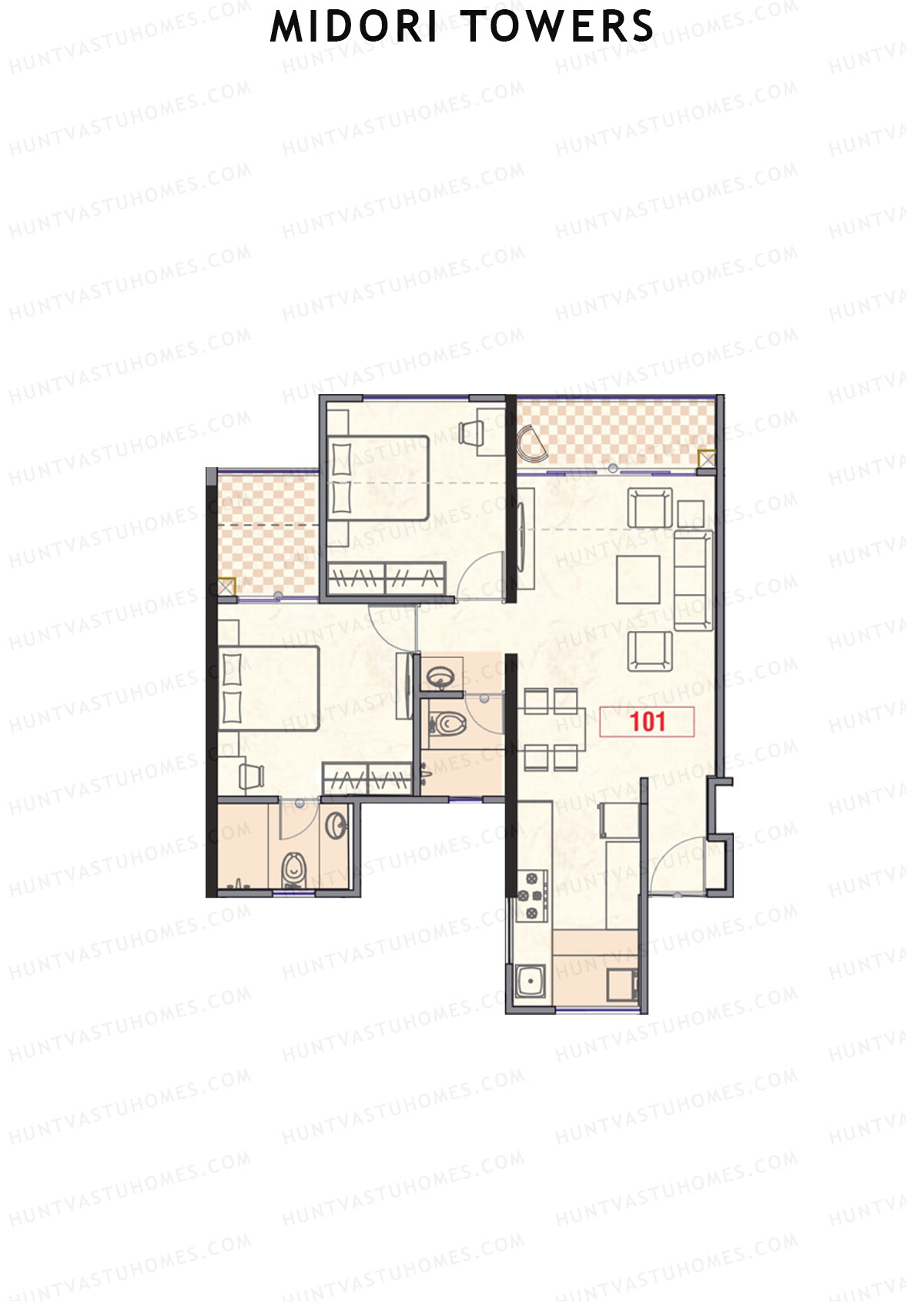 Midori Towers, Wing G, Unit 1 (Type 1), 2BHK, Carpet Area 779   sq ft 