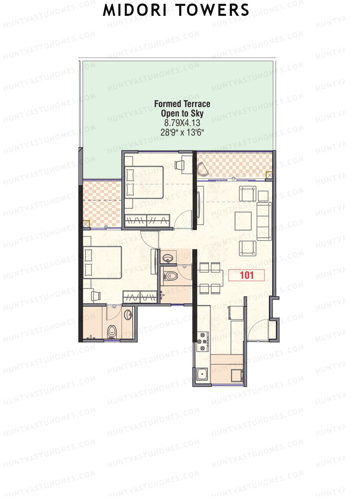 Midori Towers, Wing G, Unit 1 (Type 1), 2BHK, Carpet Area 779   sq ft 
