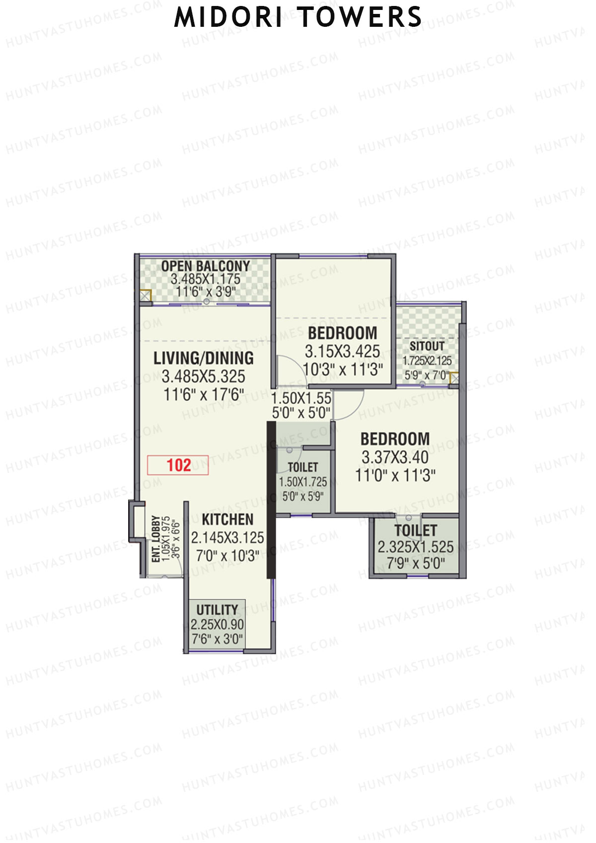 Midori Towers, Wing G, Unit 2 (Type 1), 2BHK, Carpet Area 779   sq ft 