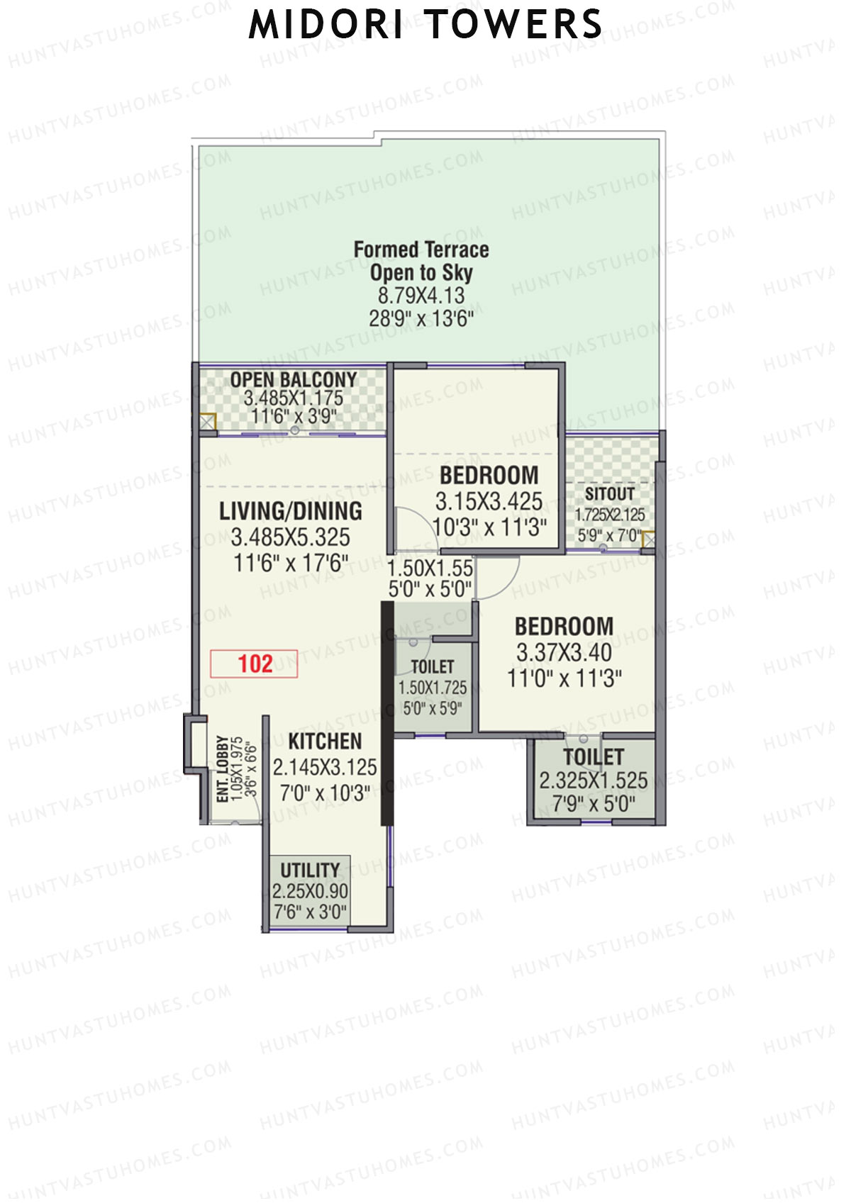 Midori Towers, Wing G, Unit 2 (Type 1), 2BHK, Carpet Area 779   sq ft 