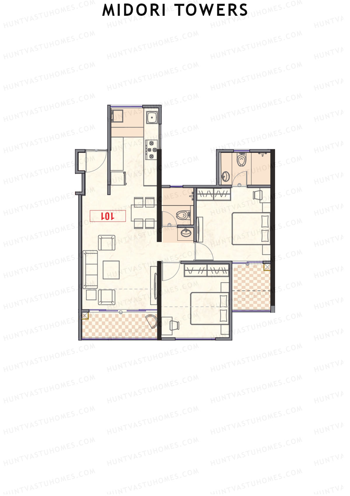 Midori Towers, Wing G, Unit 3 (Type 1), 2BHK, Carpet Area 779   sq ft 