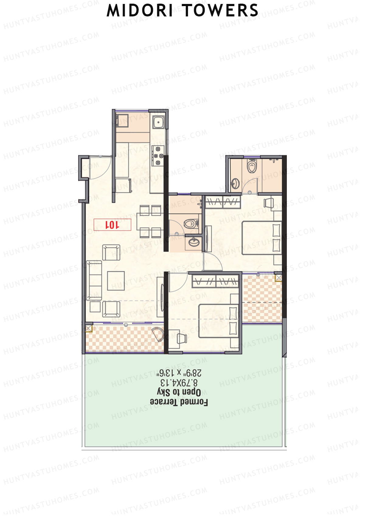 Midori Towers, Wing G, Unit 3 (Type 1), 2BHK, Carpet Area 779   sq ft 