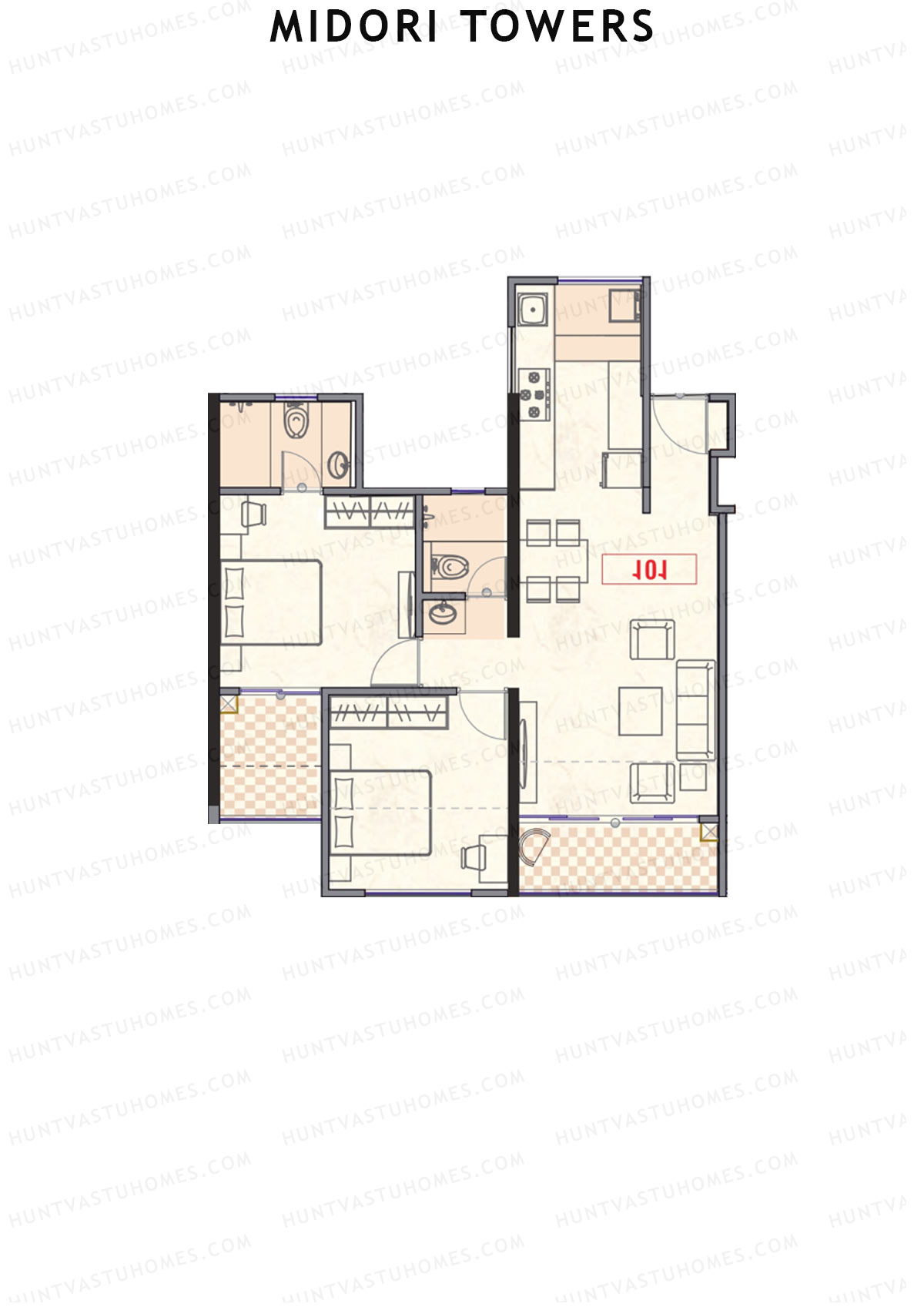 Midori Towers, Wing G, Unit 4 (Type 1), 2BHK, Carpet Area 779   sq ft 