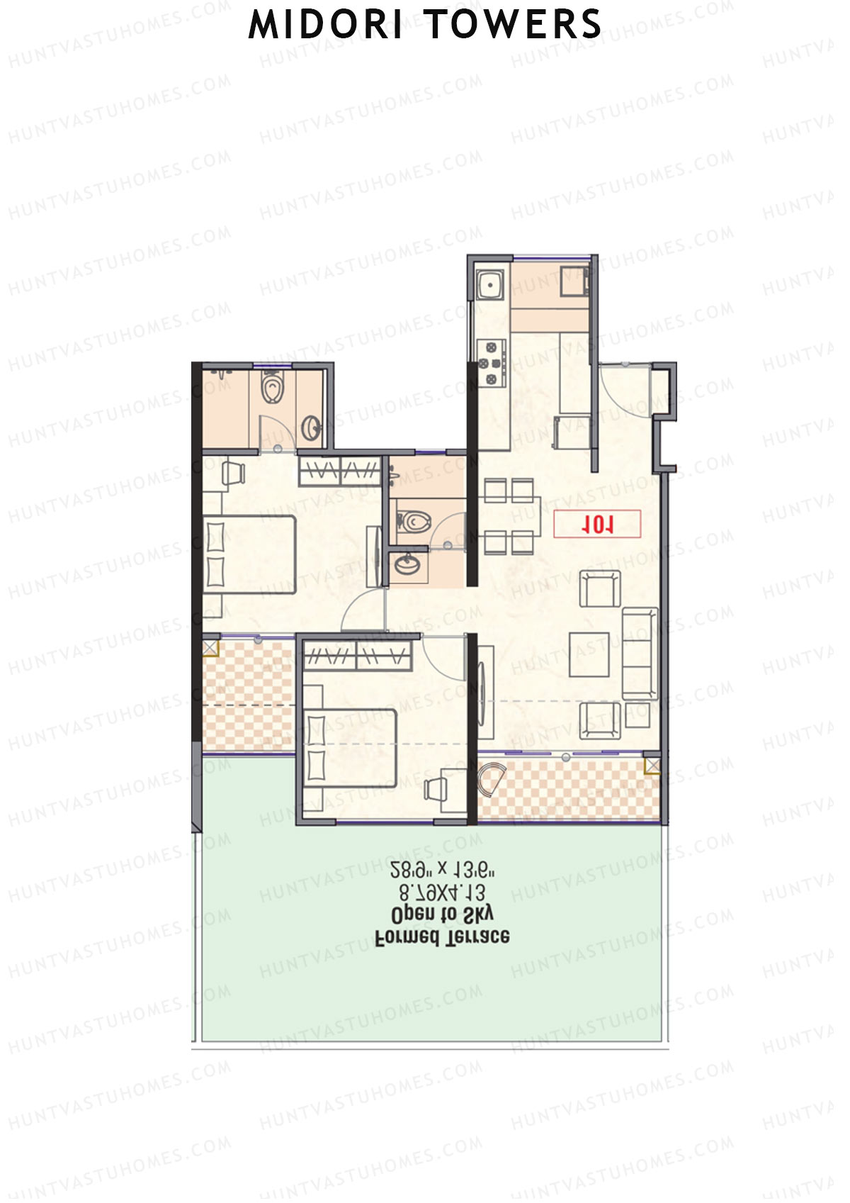 Midori Towers, Wing G, Unit 4 (Type 1), 2BHK, Carpet Area 779   sq ft 