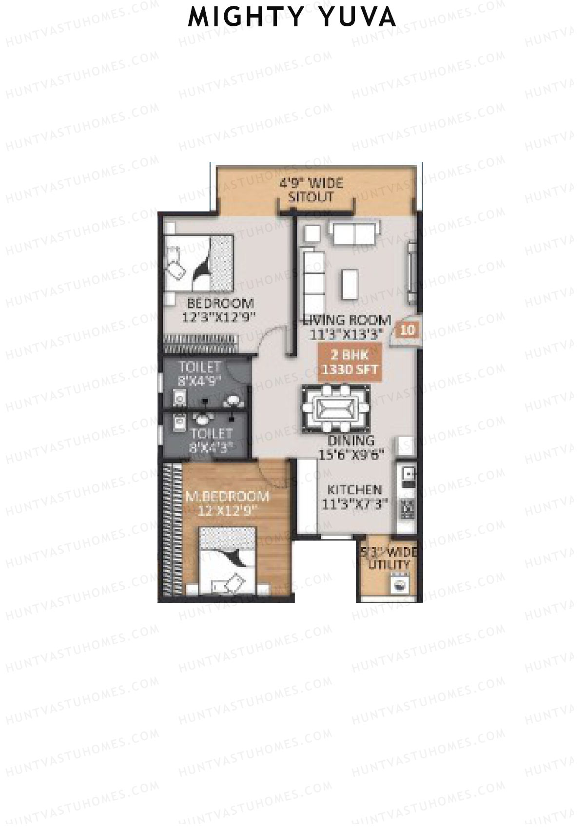 Mighty Yuva, Tower A, Unit 10, 2BHK, Super Area 1330   sq ft 