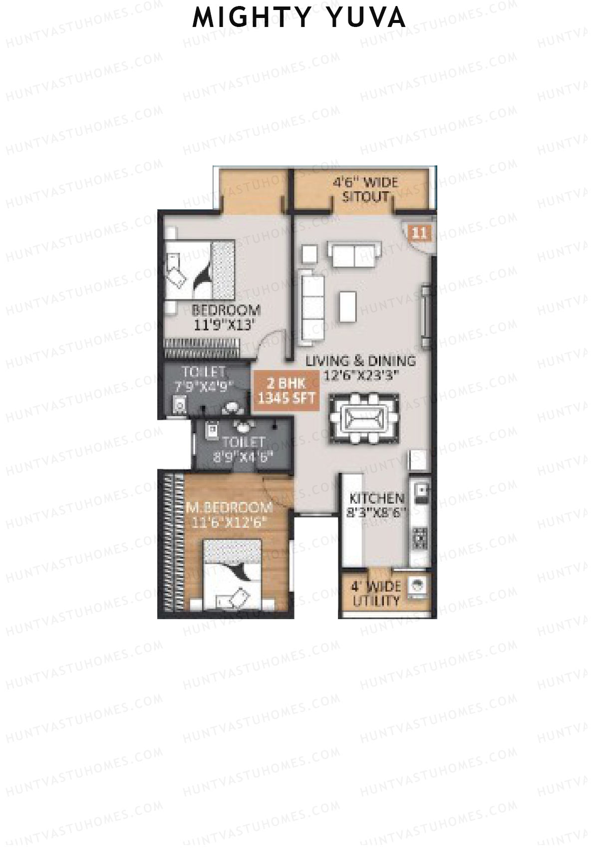 Mighty Yuva, Tower A, Unit 11, 2BHK, Super Area 1345   sq ft 