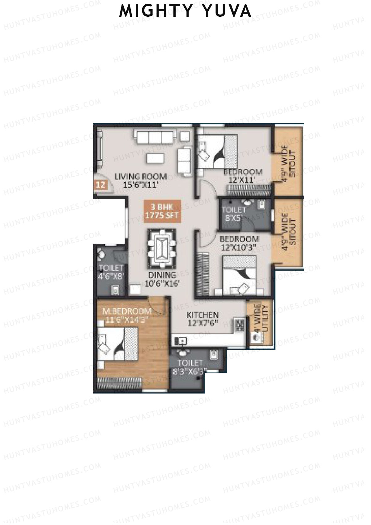 Mighty Yuva, Tower A, Unit 12, 3BHK, Super Area 1775   sq ft 
