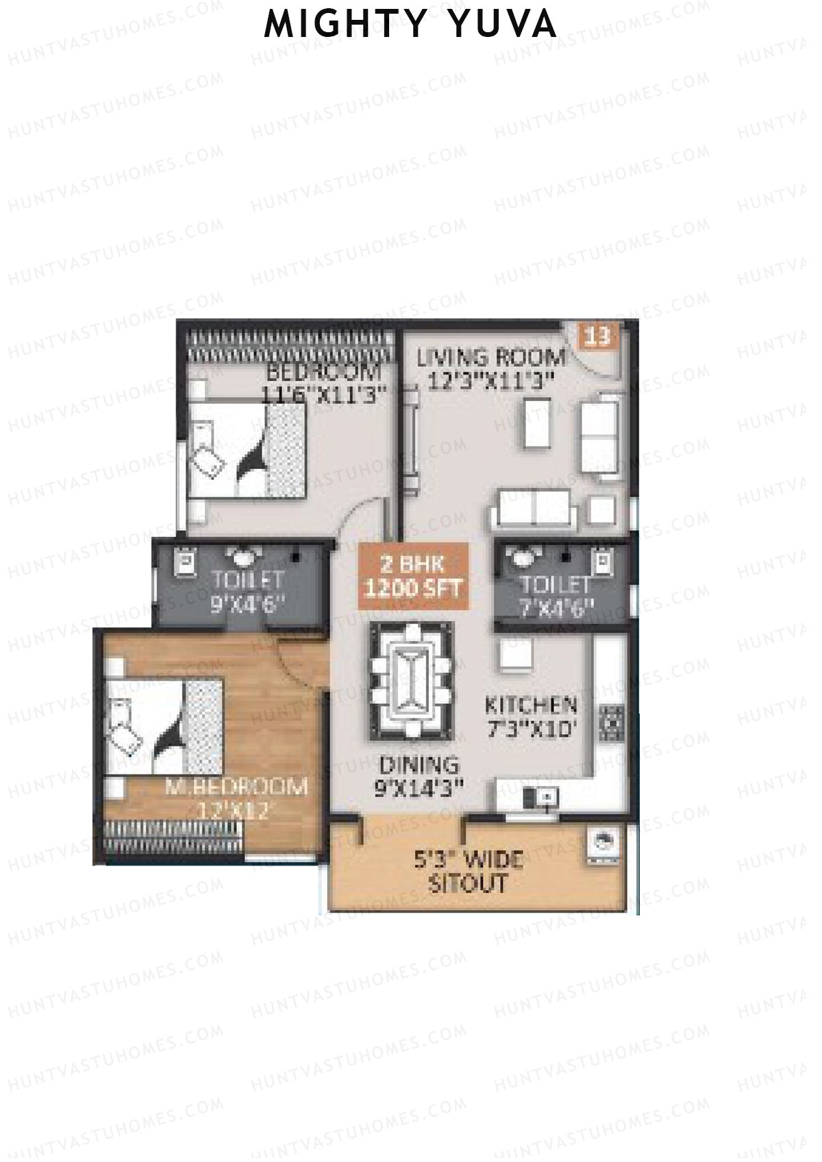 Mighty Yuva, Tower A, Unit 13, 2BHK, Super Area 1200   sq ft 