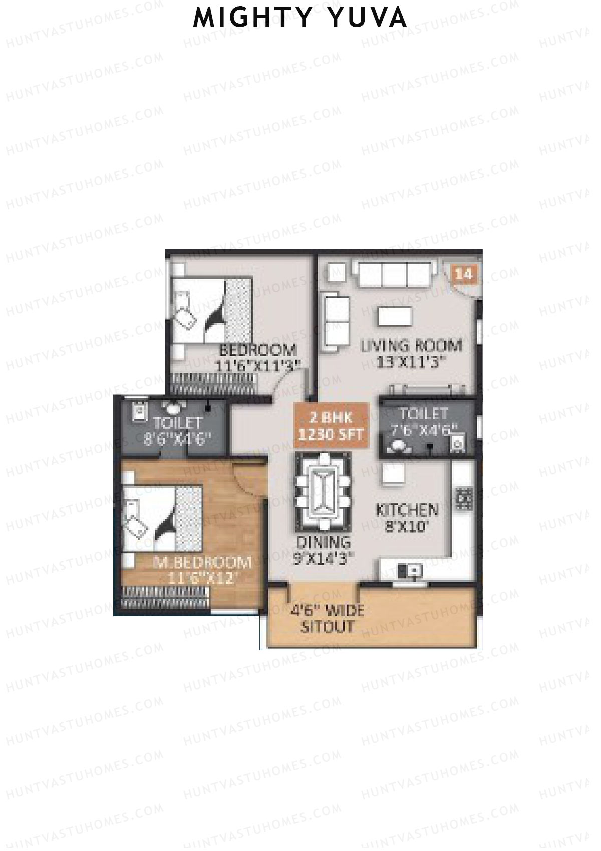 Mighty Yuva, Tower A, Unit 14, 2BHK, Super Area 1230   sq ft 